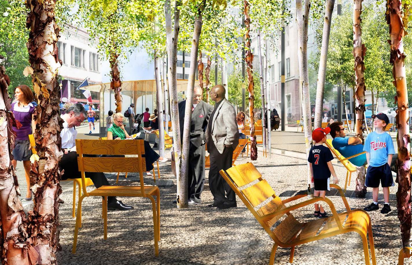 The redesign proposal envisions movable chairs for people to rest instead of anchored concrete benches.