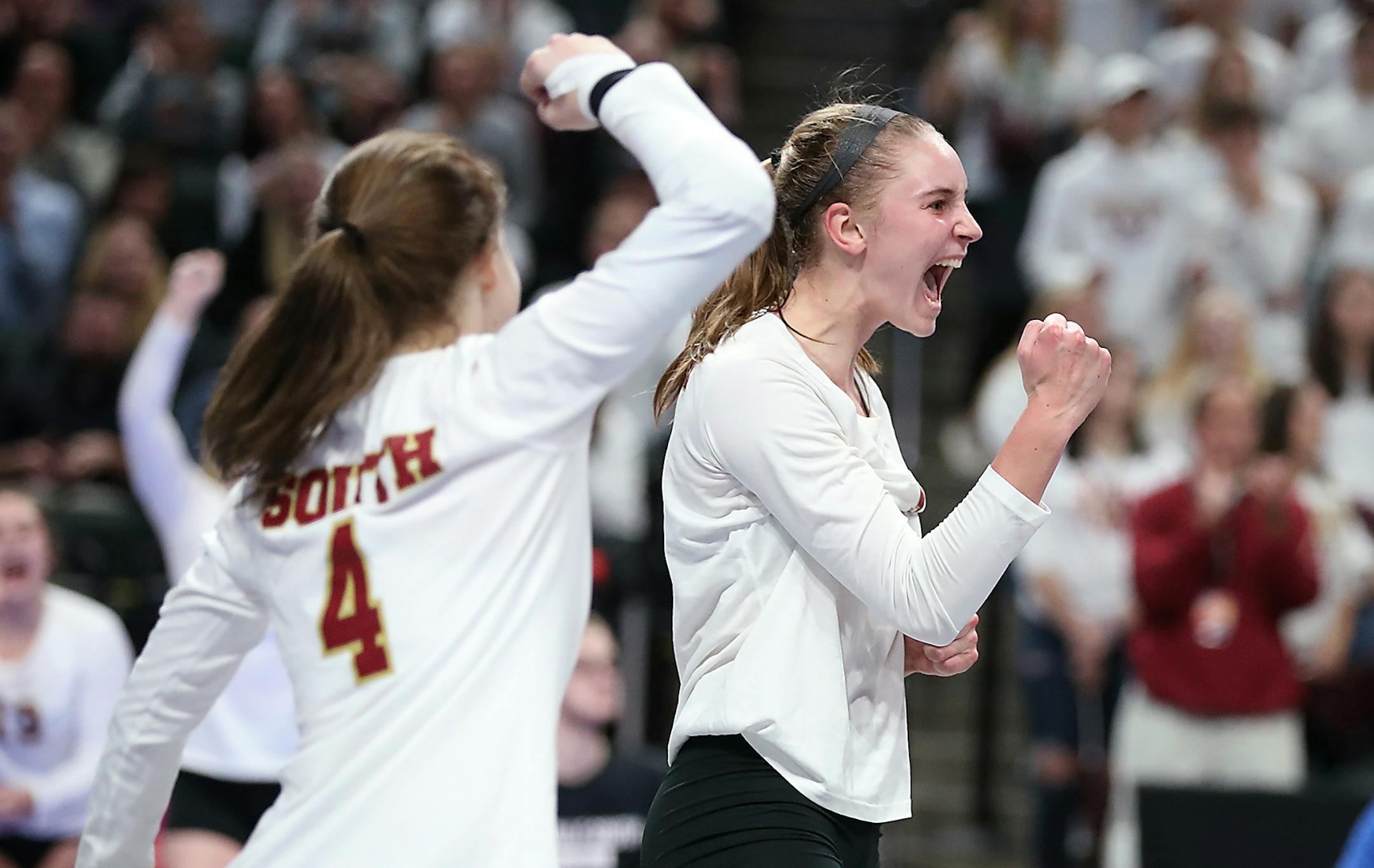 Lakeville South's Jenny Mosser (9) cheers. ] (Leila Navidi/Star Tribune) leila.navidi@startribune.com BACKGROUND INFORMATION: Lakeville High school against Prior Lake High School in the Class 3A volleyball quarterfinals at the Xcel Energy Center in St. Paul on Thursday, November 10, 2016.