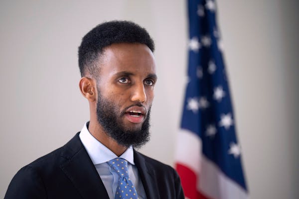 CORRECTS ID TO NASRI WARSAME INSTEAD OF ABSHIR OMAR- Nasri Warsame speaks at a news conference Wednesday, May 17, 2023, at his campaign headquarters i