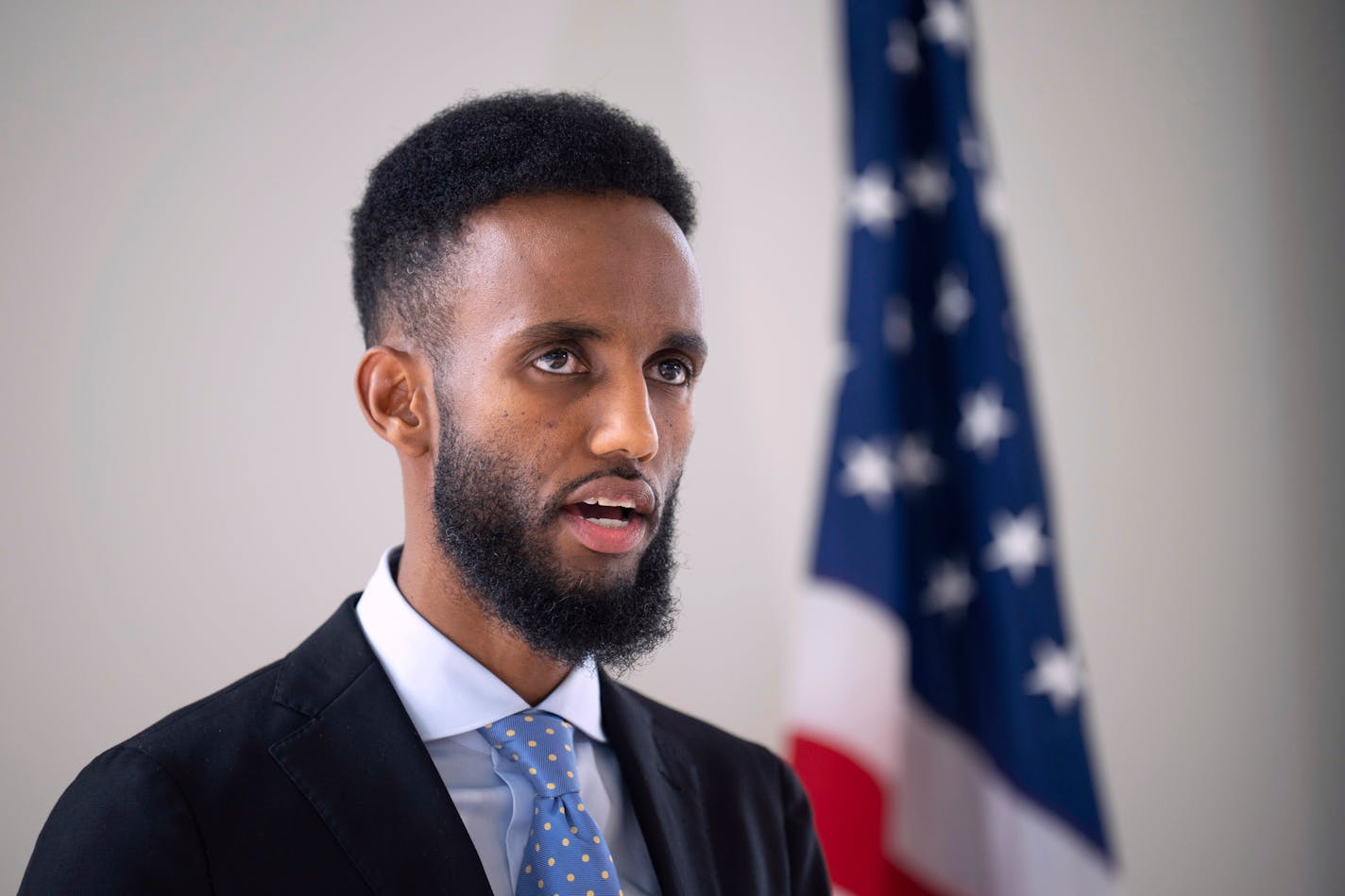 CORRECTS ID TO NASRI WARSAME INSTEAD OF ABSHIR OMAR- Nasri Warsame speaks at a news conference Wednesday, May 17, 2023, at his campaign headquarters in Minneapolis. Days after chaos erupted at a Democratic nominating convention for a Minneapolis City Council seat, Warsame, a political newcomer who is running for the seat, said he does not condone violence. (Jeff Wheeler/Star Tribune via AP)