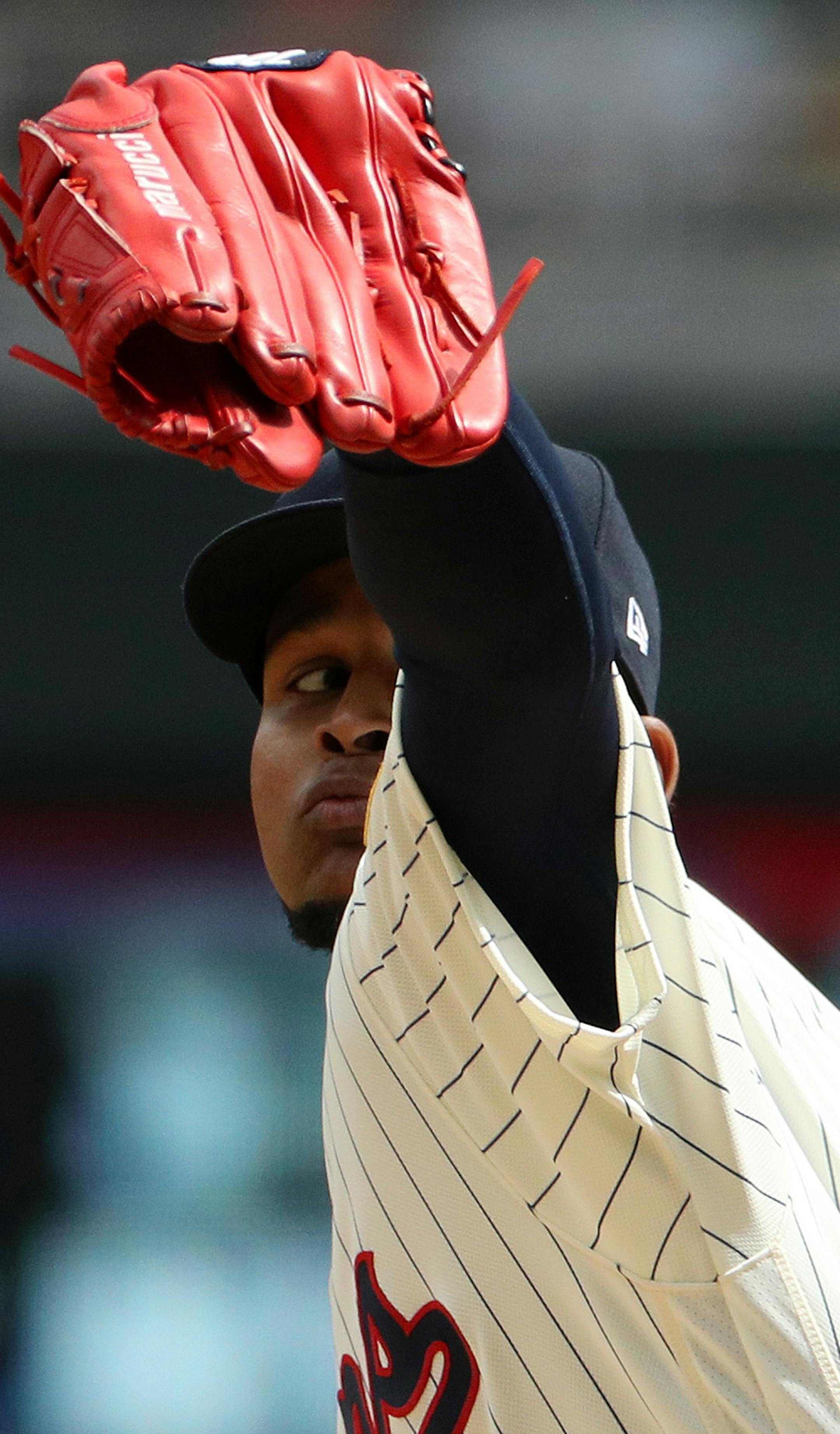 Minnesota Twins starting pitcher Ervin Santana (54) delivered a pitch in the fourth inning. ] ANTHONY SOUFFLE ï anthony.souffle@startribune.com Game action from an MLB game between the Minnesota Twins and the Chicago White Sox Saturday, April 15, 2017 at Target Field in Minneapolis. All players on both teams wore number 42 in honor of Jackie Robinson Day.