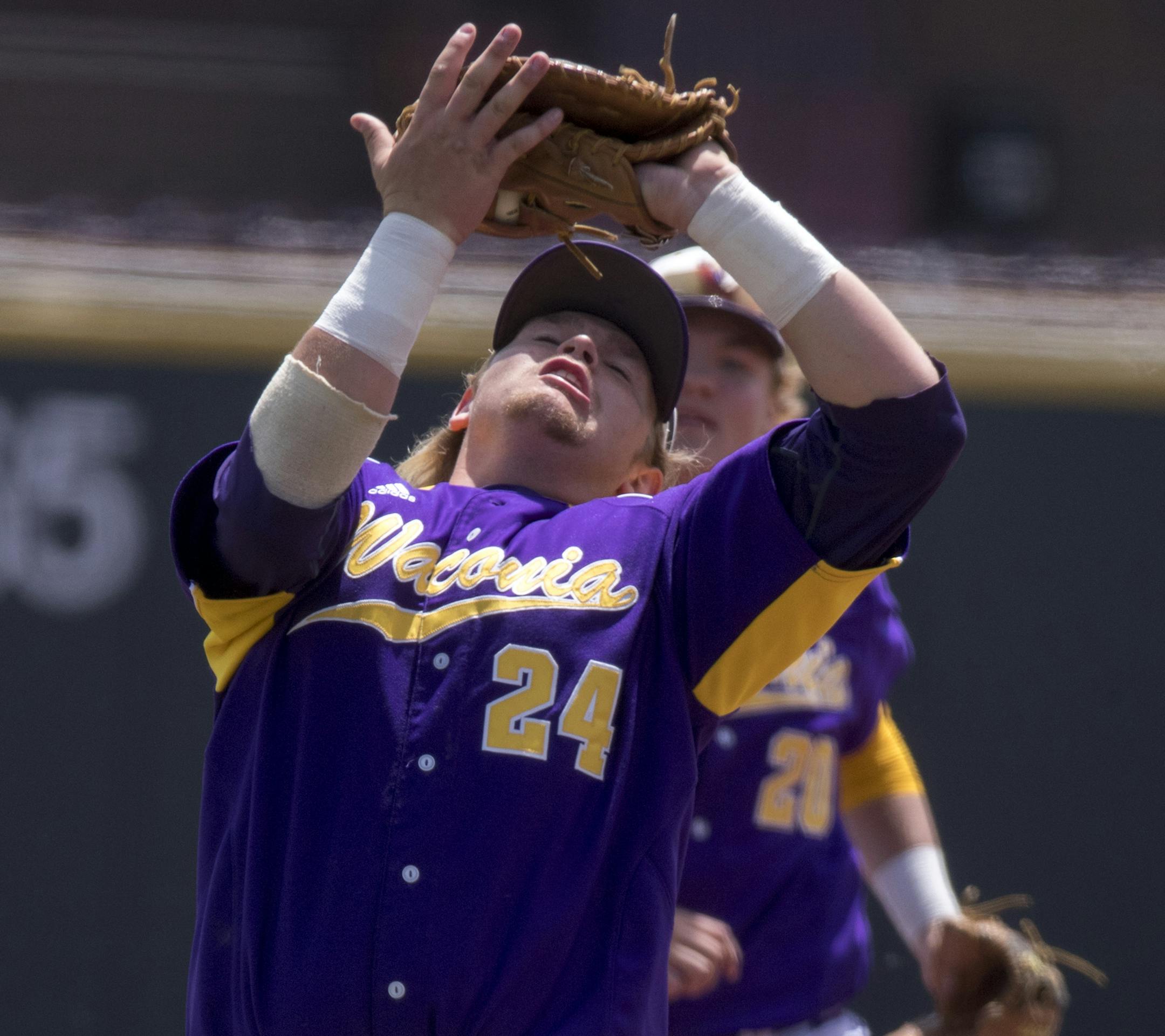 Austin Friedrich of Waconia catches the ball during the 2017 Class 3A State Tournament Championship against Marshall, at Siebert Field in Minneapolis on Friday. ] COURTNEY PEDROZA • courtney.pedroza@startribune.com June 16, 2017; Minneapolis; Marshall vs. Waconia at Siebert Field; 3A state Tournament Championship
