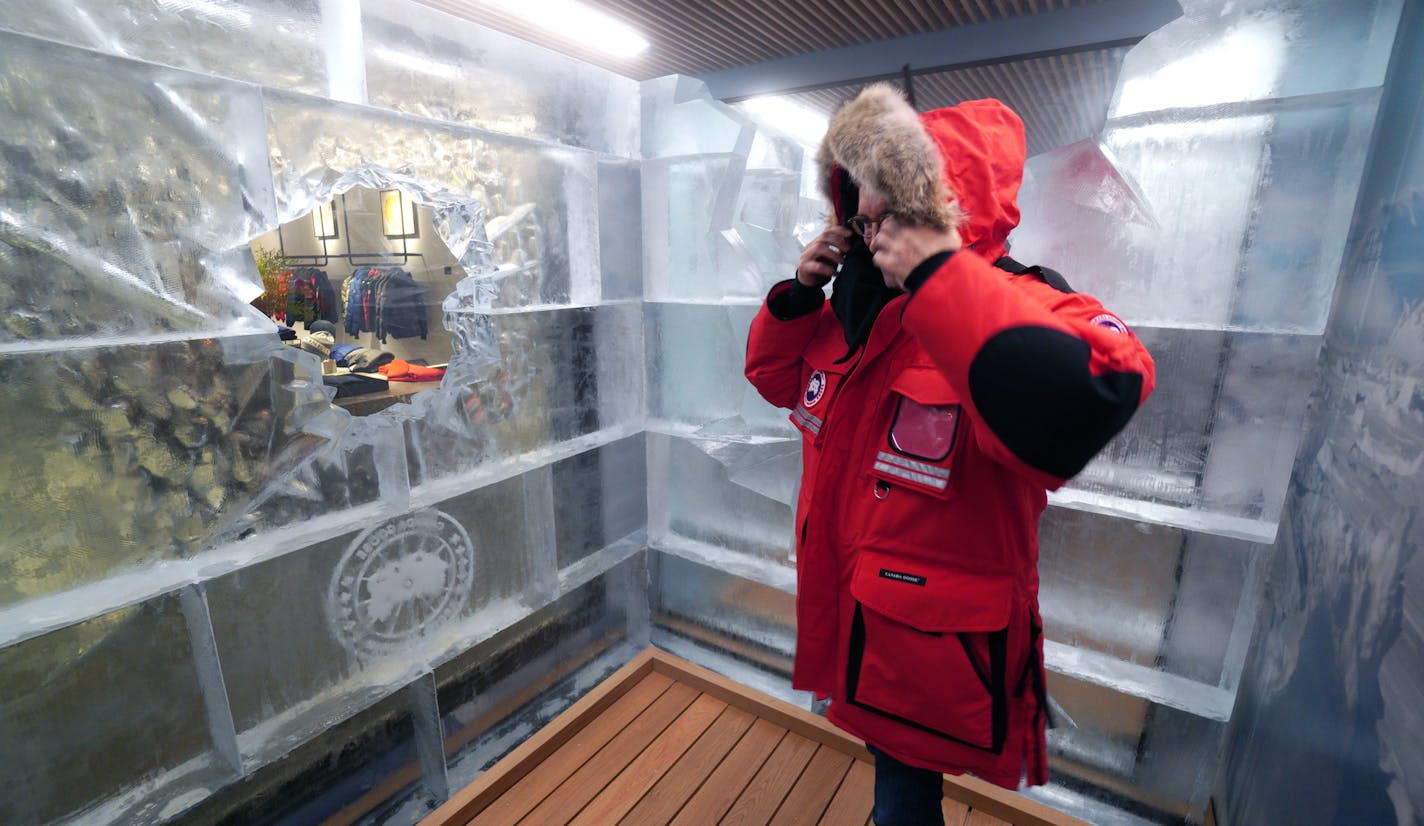 Canada Goose, the upscale outerwear company, is opening its first store in MN in MOA. The store features a Cold Room that allows shoppers to enter a room with below zero temperatures to test their parka's. Here, Reporter John Ewoldt entered the cold room to try on a extreme Snow Mantra Parka that is made with 247 pieces by 49 sets of hands. ] brian.peterson@startribune.com
Bloomington, MN
Wednesday, September 11, 2019