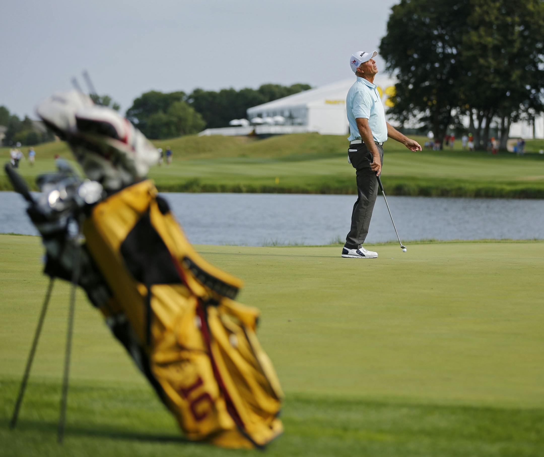 Shari L. Gross • shari.gross@startribune.com
Tom Lehman reacted to a missed putt on No. 18 at the 3M Championship on Friday. Lehman will help redesign the TPC Twin Cities course, which includes excavation of the pond in front of the 18th hole.