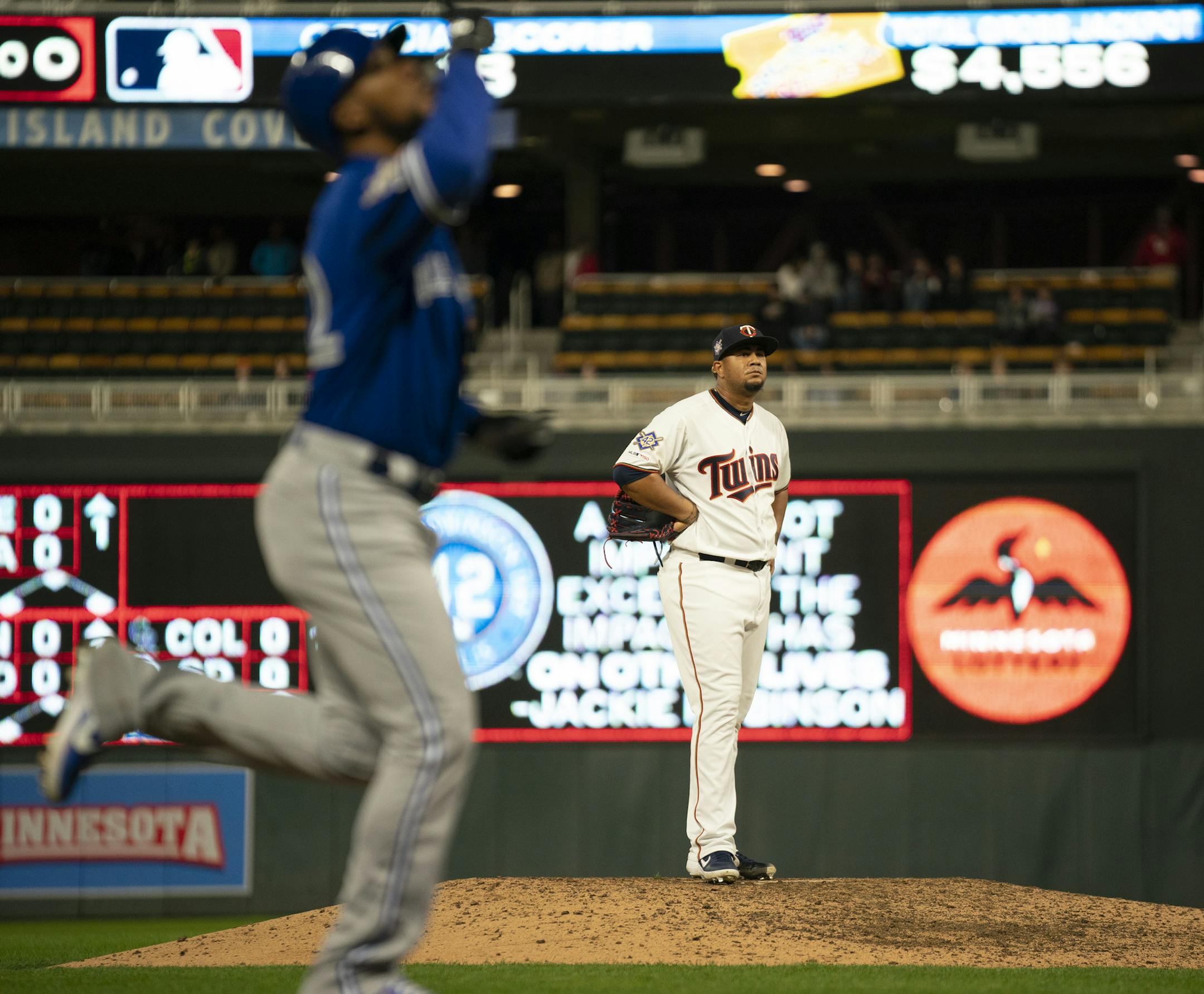 Twins reliever Adalberto Mejia watched as Blue Jays left fielder Teoscar Hernandez headed home after he connected for a three run homer in the eighth inning to go ahead 5-3. ] JEFF WHEELER • jeff.wheeler@startribune.com The Minnesota Twins faced the Toronto Blue Jays in an MLB baseball game Monday night, April 15, 2019 at Target Field in Minneapolis.
