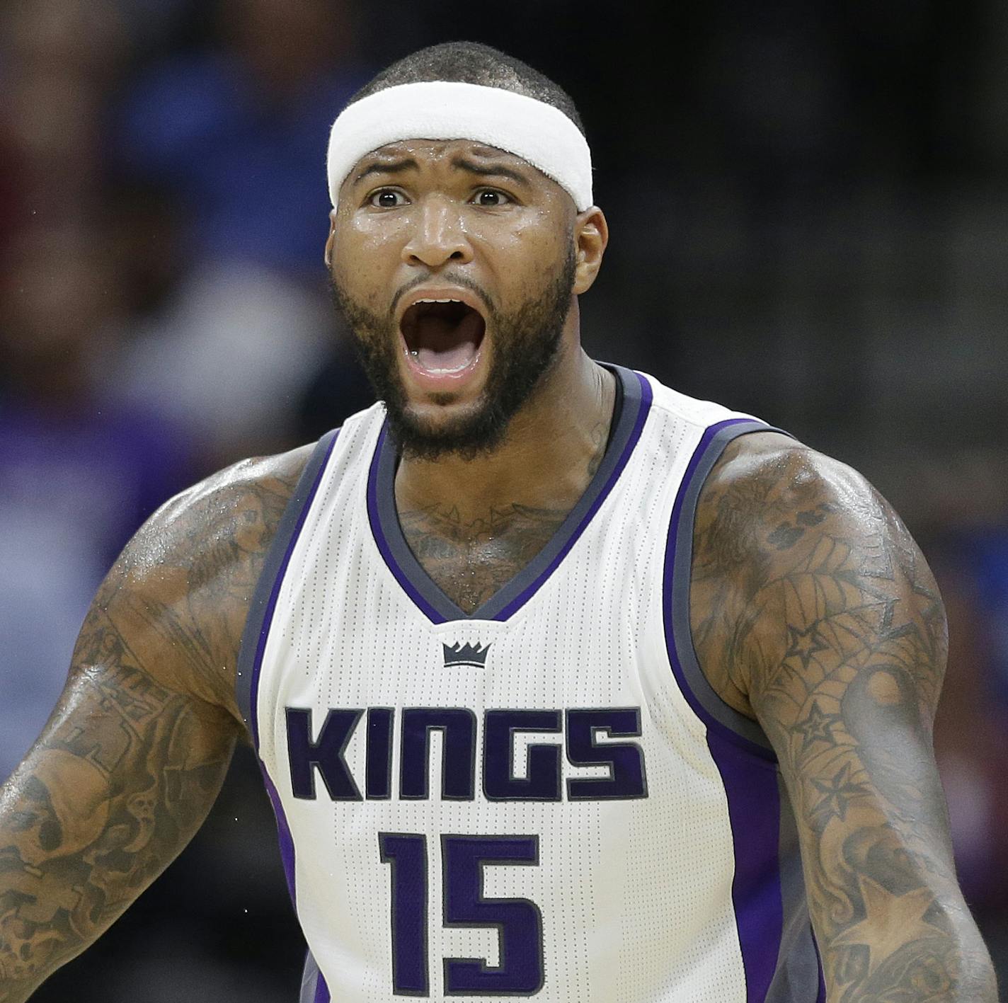 Sacramento Kings center DeMarcus Cousins pleads his case after being called for a foul during the second quarter of an NBA basketball game against the Minnesota Timberwolves in Sacramento, Calif., Saturday, Oct. 29, 2016. (AP Photo/Rich Pedroncelli)