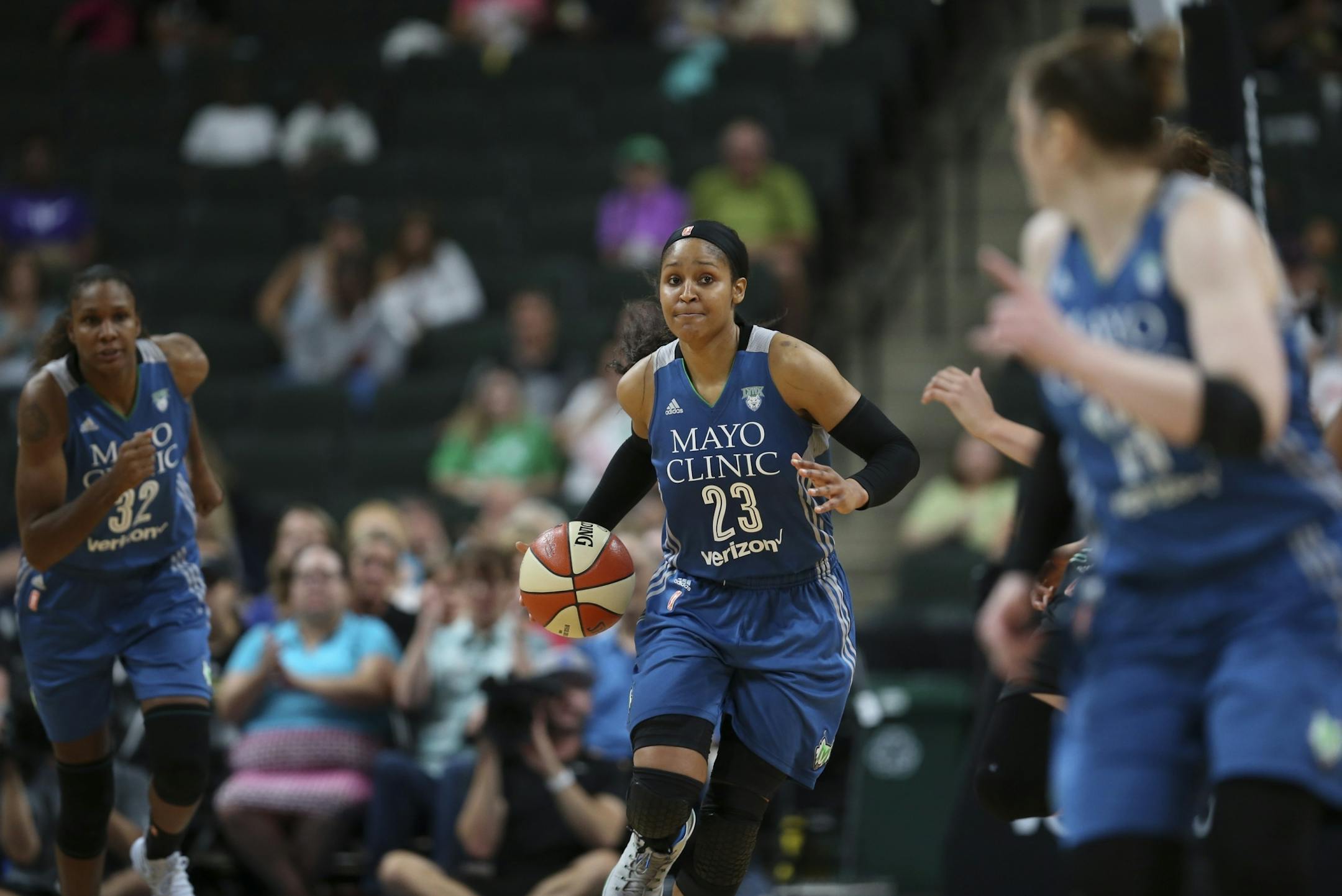 Minnesota Lynx forward Maya Moore (23) looked up court for a teammate to pass to in the second quarter.