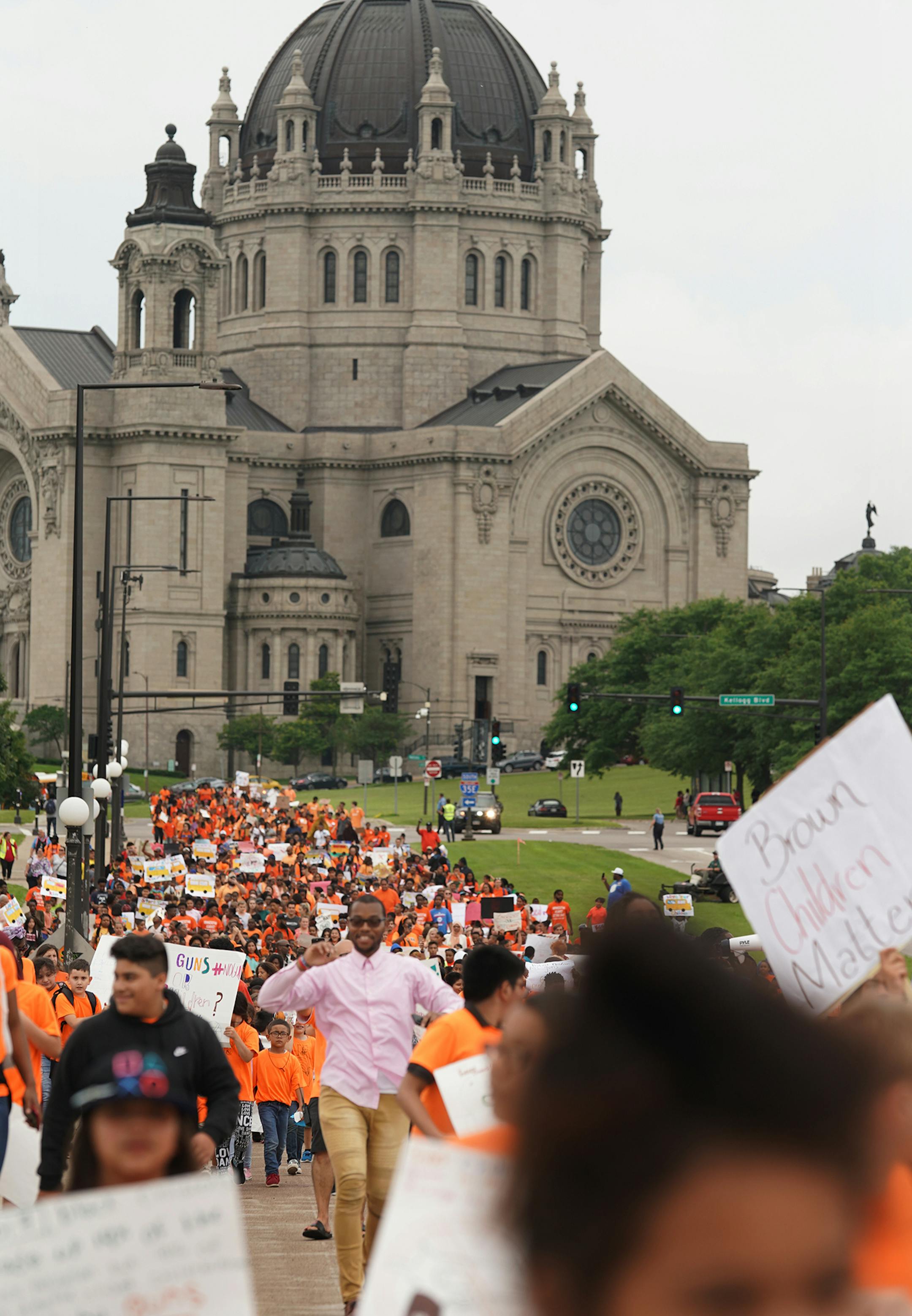 Kids march to the Capitol against gun violence.] Nearly 1,200 Children's Defense Fund-Minnesota Freedom Schools will join over 180 Children's Defense Fund Freedom Schools sites in 87 cities and 28 states across the country for a National Day of Social Action to "Protect Children, Not Guns."RICHARD TSONG-TAATARII ¥ richard.tsong-taatarii@startribune.com