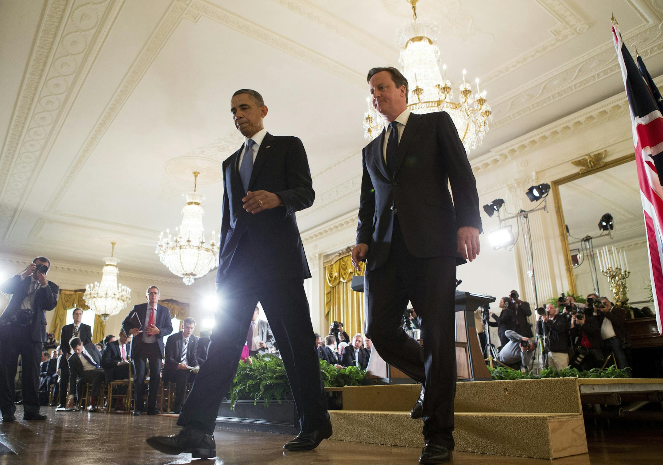 President Barack Obama and British Prime Minister David Cameron during a joint news conference in the East Room of the White House in Washington, May 13, 2013. During the news conference, Cameron said he would work to renegotiate Britain's ties with the European Union before putting the question of membership in the E.U. to the voters. (Doug Mills/The New York Times)