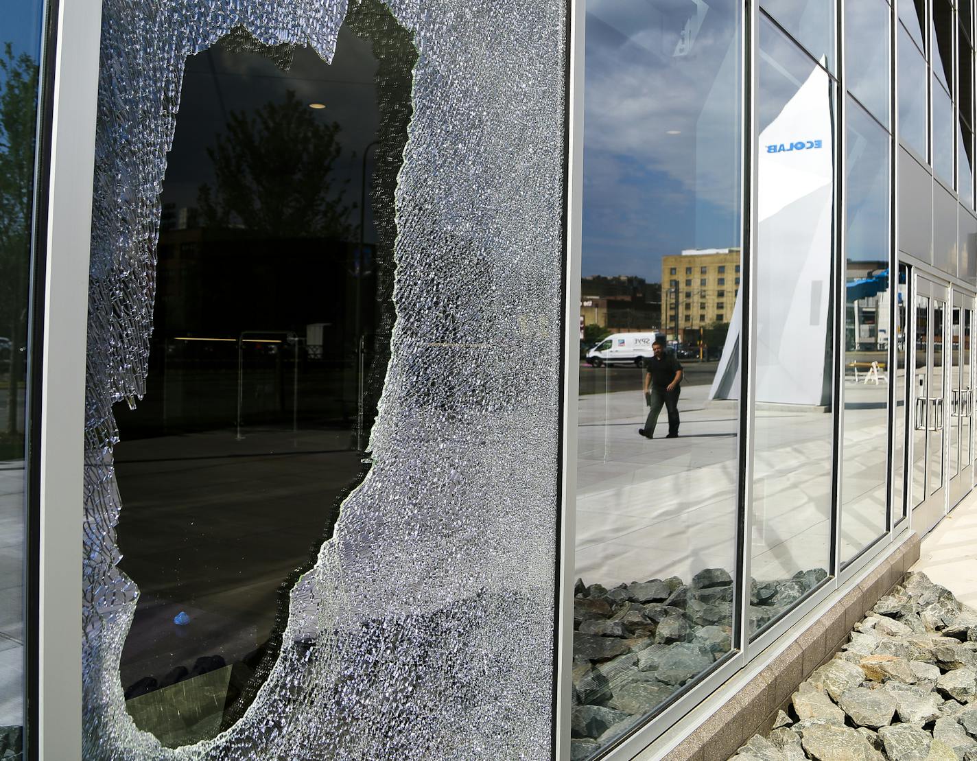 A broken window is found near the Ecolab gate entrance to the Hyundai Club at U.S. Bank Stadium on Wednesday, July 20, 2016. ] Timothy Nwachukwu &#x2022; timothy.nwachukwu@startribune.com A broken window is found near the Ecolab gate entrance to the Hyundai Club at U.S. Bank Stadium on Wednesday, July 20, 2016.