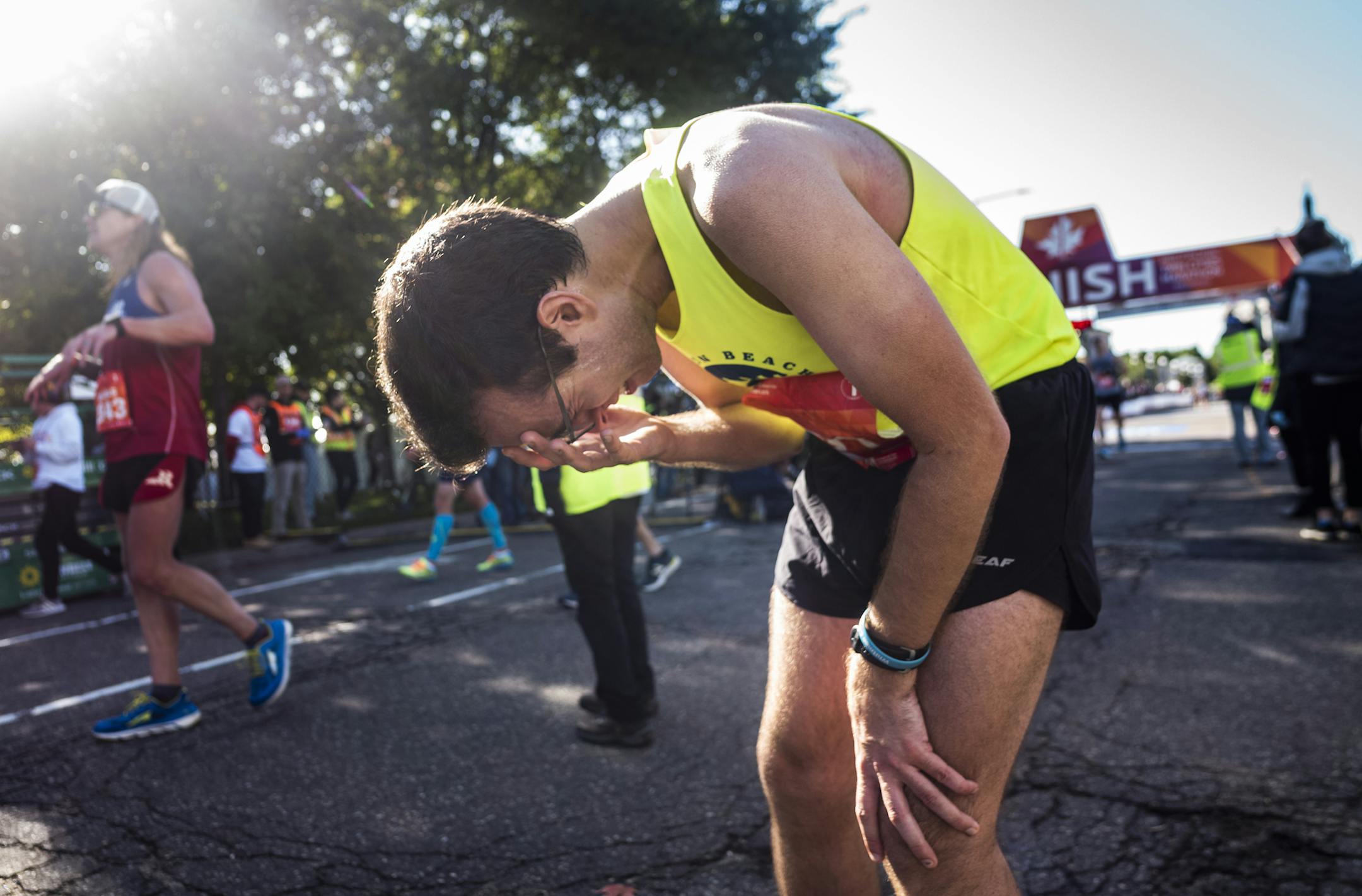 Alex Waheed of Minneapolis became emotional after finishing the race in 2:56:17.] Twin Cities Marathon RICHARD TSONG-TAATARII &#xa5; richard.tsong-taatarii@startribune.com