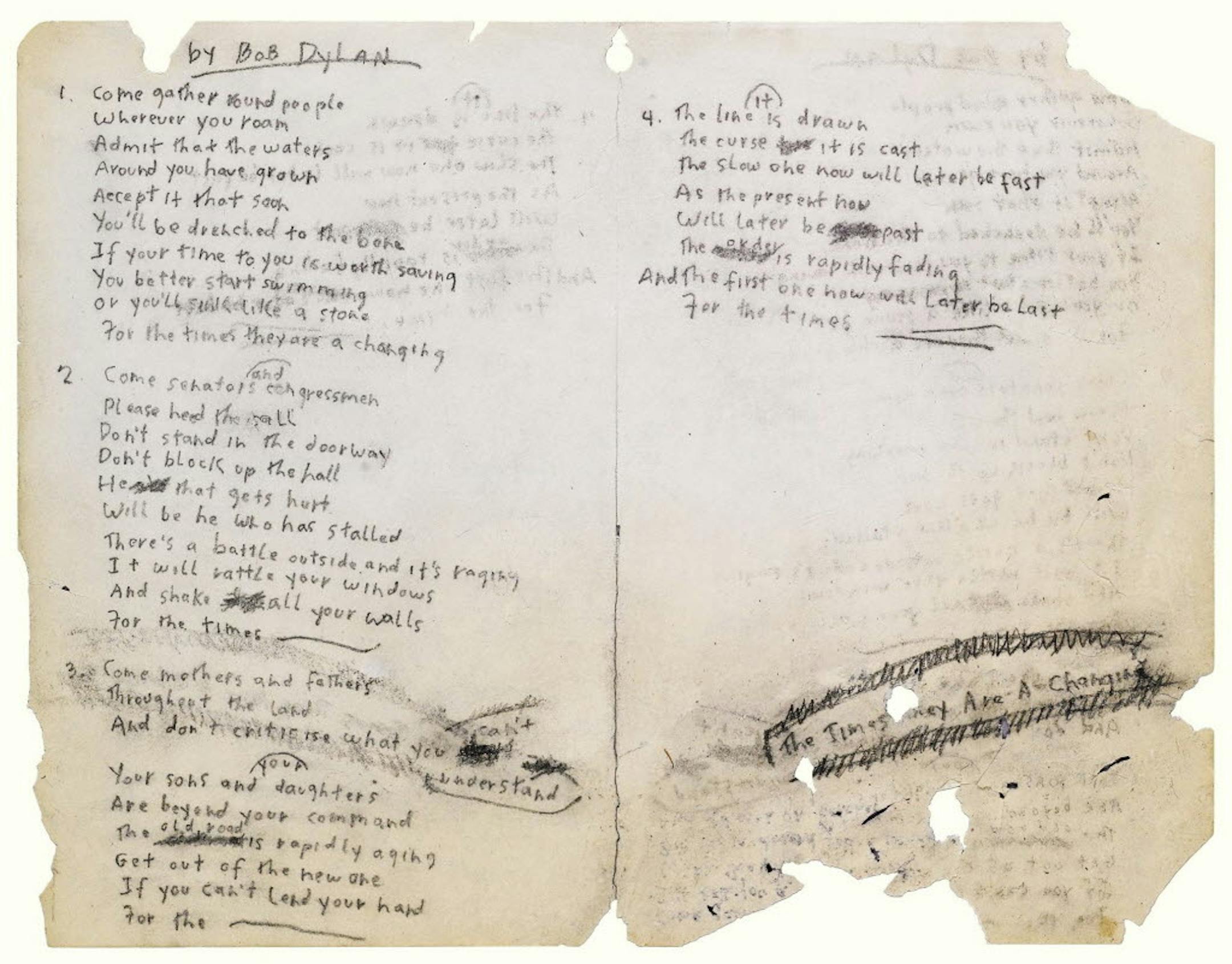 In this undated photograph released Nov. 30, 2010, by Sotheby's in New York, is shown a page of hand-written lyrics by Bob Dylan for "The Times They are A-Changin'."