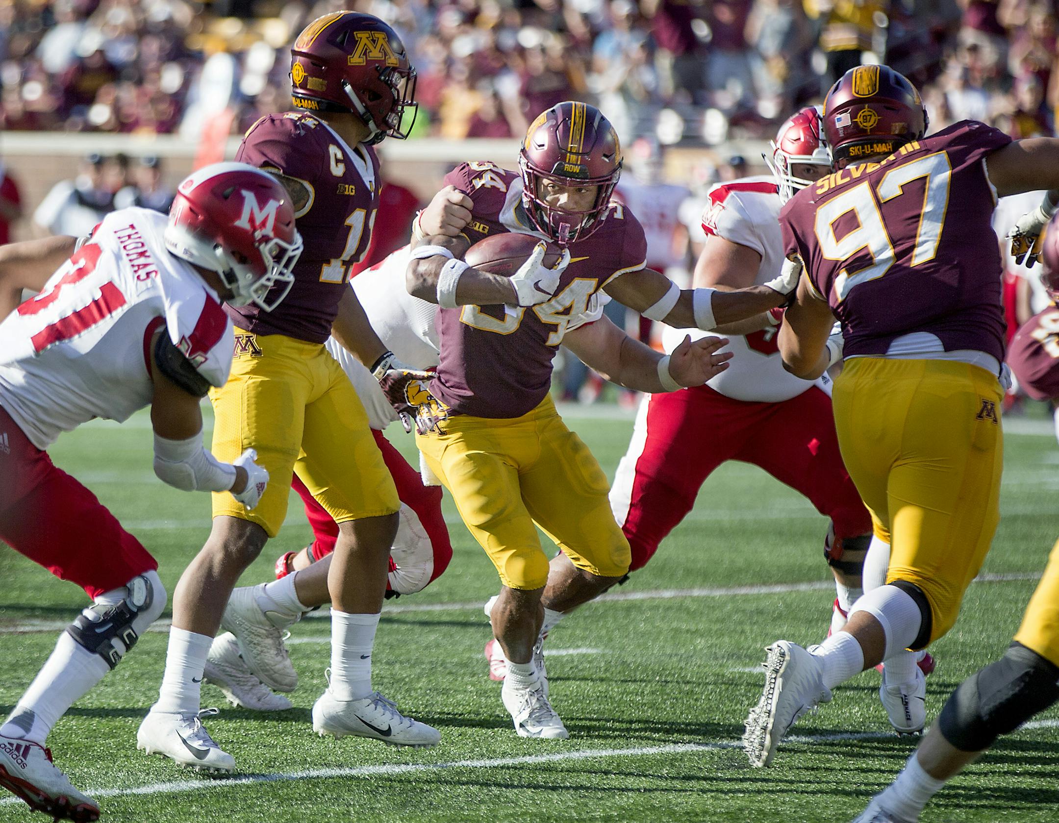 Gophers defensive back Antonio Shenault showed some moves returning an interception during the third quarter Saturday. He also had seven tackles.
