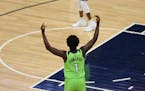 Minnesota Timberwolves' Anthony Edwards (1) celebrates a three-pointer during the first half of an NBA basketball game against the New Orleans Pelican