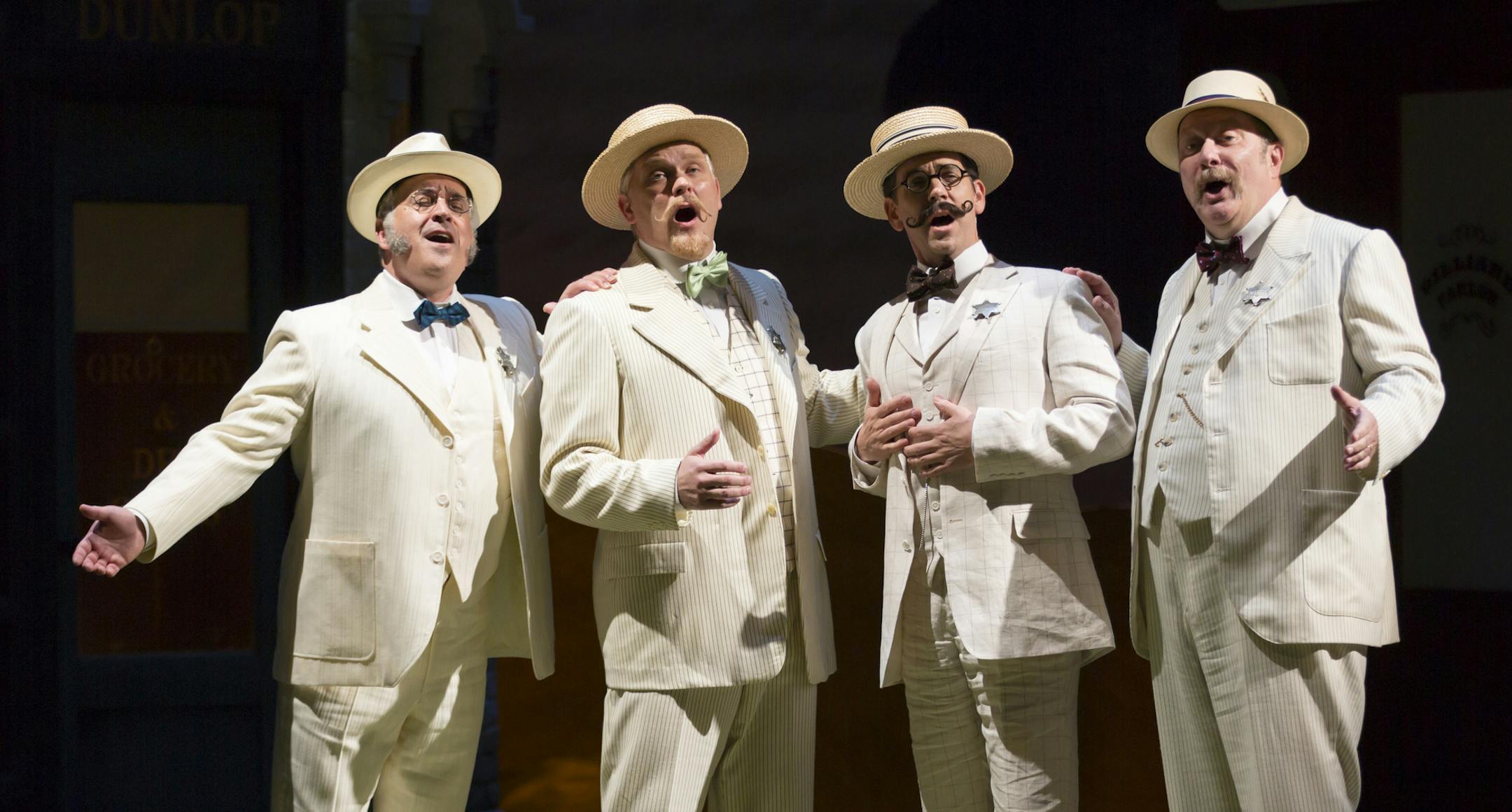 Robert DuSold (Jacey Squires), Joel Liestman (Oliver Hix), Robert O. Berdahl (Ewart Dunlap) and James Ramlet (Olin Britt) in the Guthrie Theater's production of The Music Man