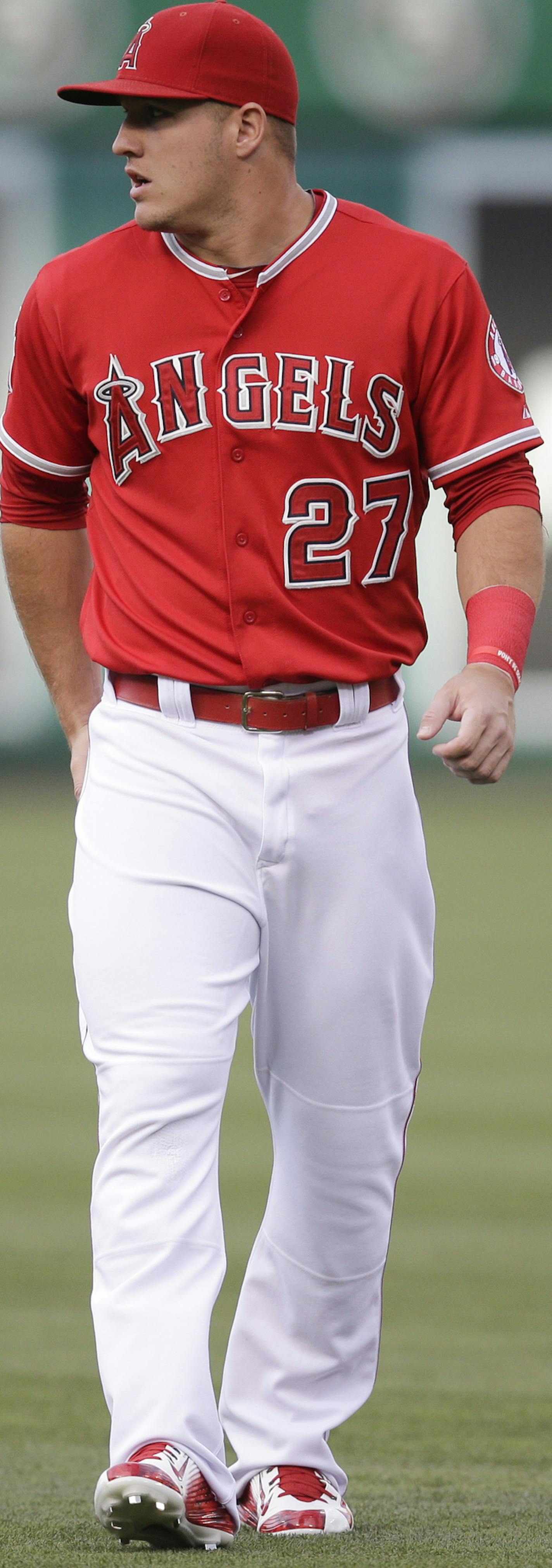 Los Angeles Angels' Mike Trout walks on the field before a baseball game against the Houston Astros, Monday, June 22, 2015, in Anaheim, Calif. (AP Photo/Jae C. Hong) ORG XMIT: NYOTK