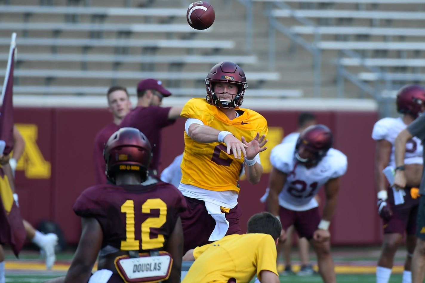 Gophers quarterback Tanner Morgan passed the ball during practice Saturday.