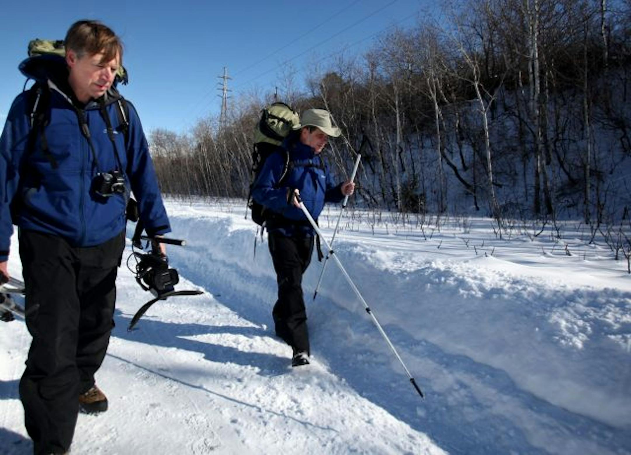 Mike Hanson hiked along the Greenway Trail, with Gary Steffens, who will make a documentary of the Appalachian trek. "Mike is in charge," Steffens said. "I am just following him. I am not leading. If he gets lost, I get lost with him."