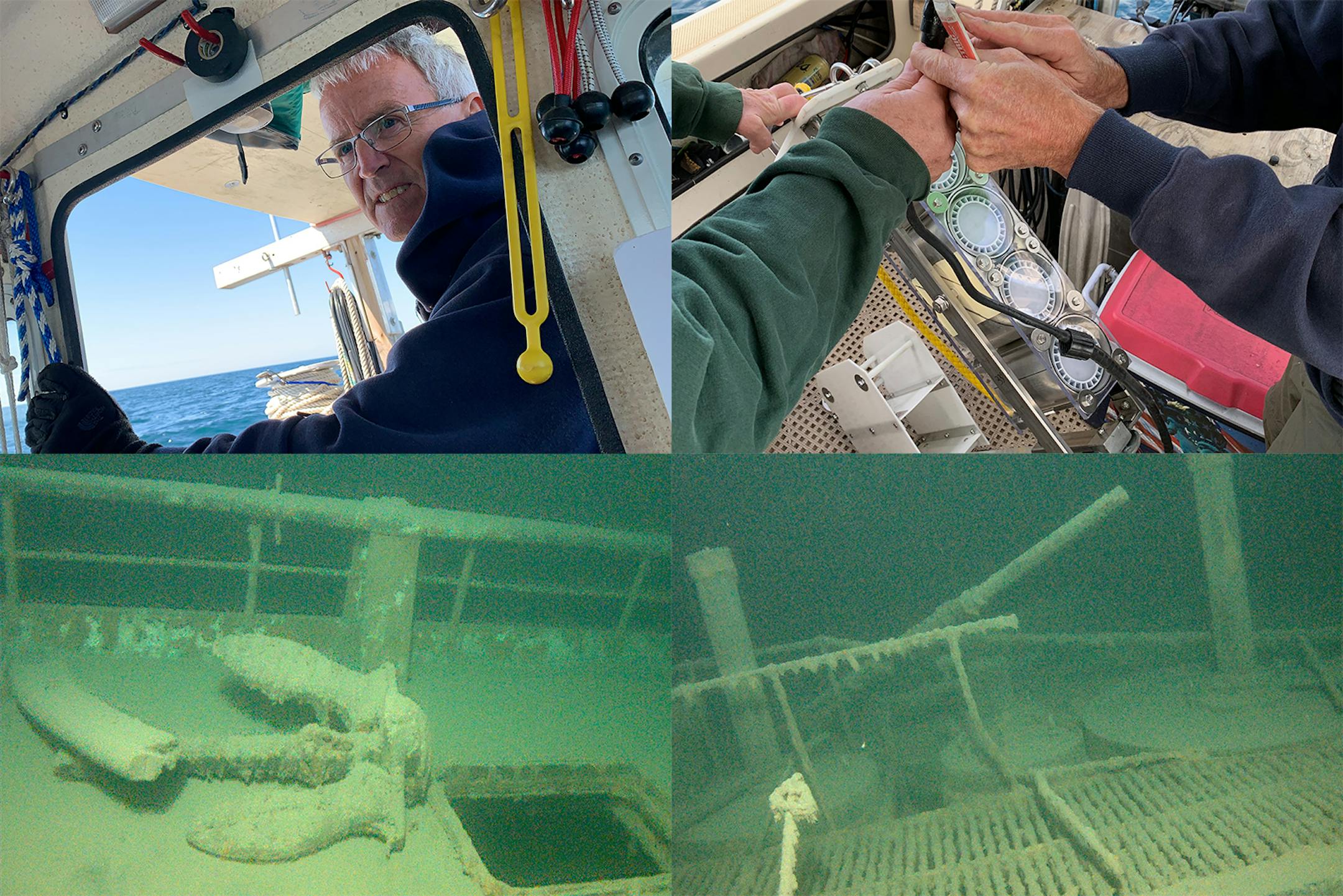 Top: Kraig Smith aboard the Deep See. Bottom: camera images of the Hudson shipwreck. (Jenna Ross/Courtesy Kraig Smith)