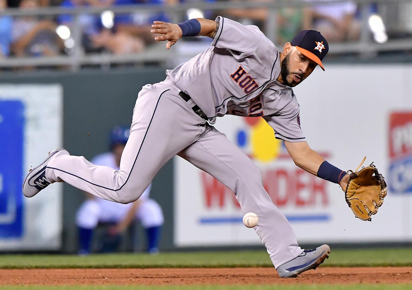 Marwin Gonzalez runs down a groundout on the Kansas City Royals' Whit Merrifield in 2017