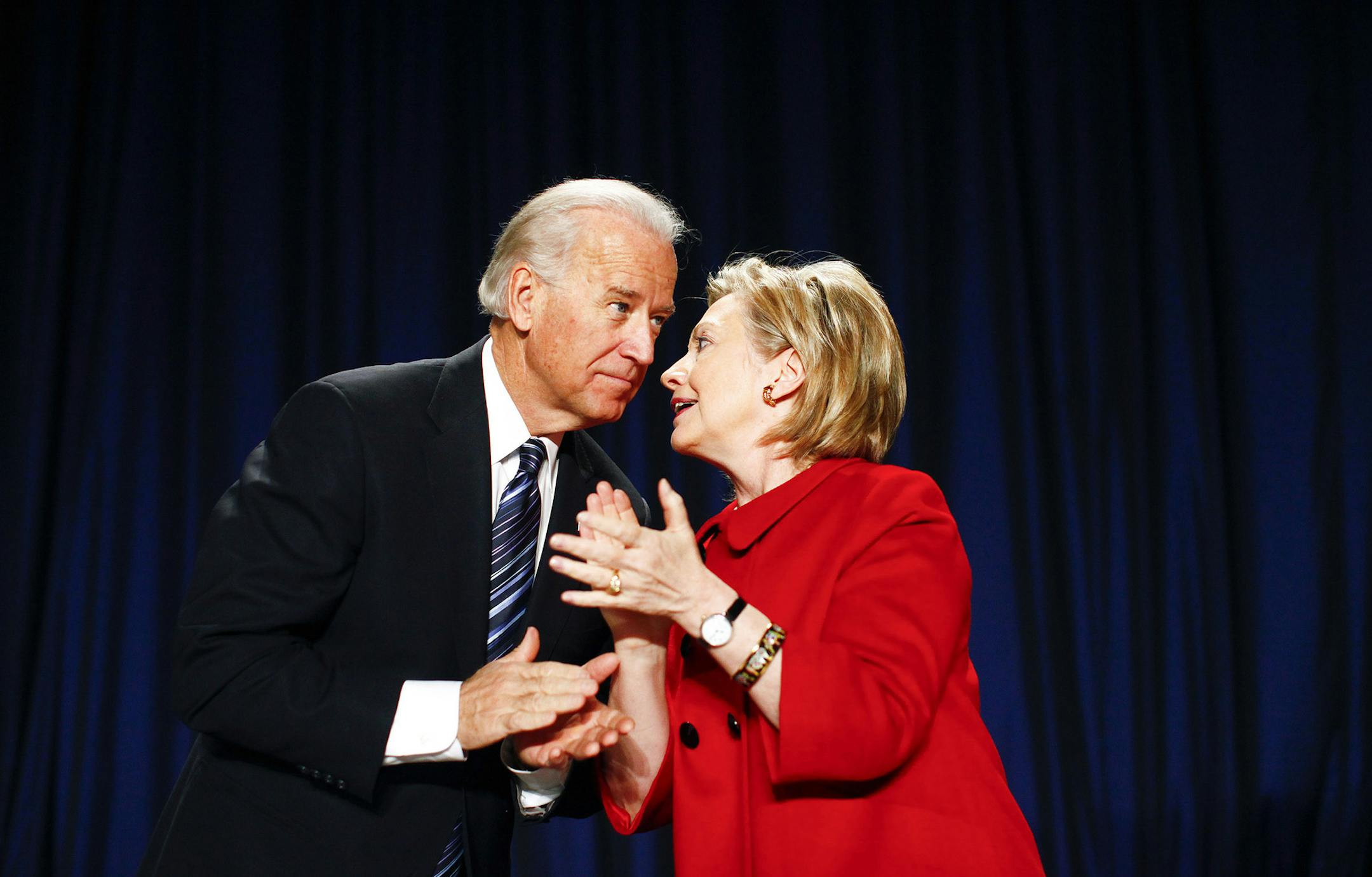 FILE -- Vice President Joe Biden speaks with Secretary of State Hillary Rodham Clinton in Washington, Feb. 4, 2010. Biden and his associates have begun to actively explore a possible presidential campaign, an entry that would upend the Democratic field and deliver a direct threat to Clinton, say several people who have spoken to Biden or his closest advisers.(Luke Sharret/The New York Times) ORG XMIT: MIN2015080514113461