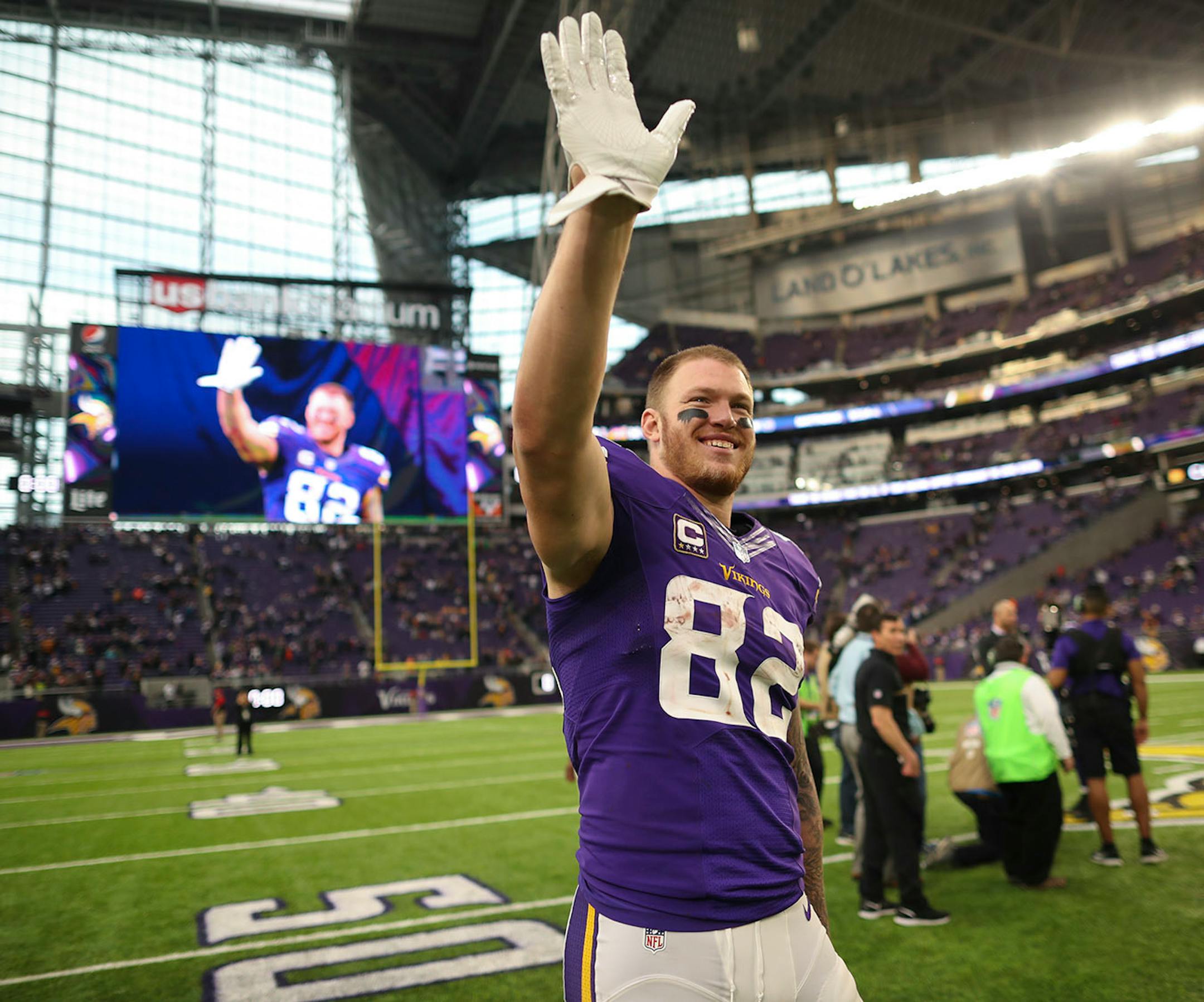 Vikings tight end Kyle Rudolph waved to someone in the stands as his image was projected on the giant television behind him after the Vikings win. He was waiting for teammate Chad Greenway to come off the field.