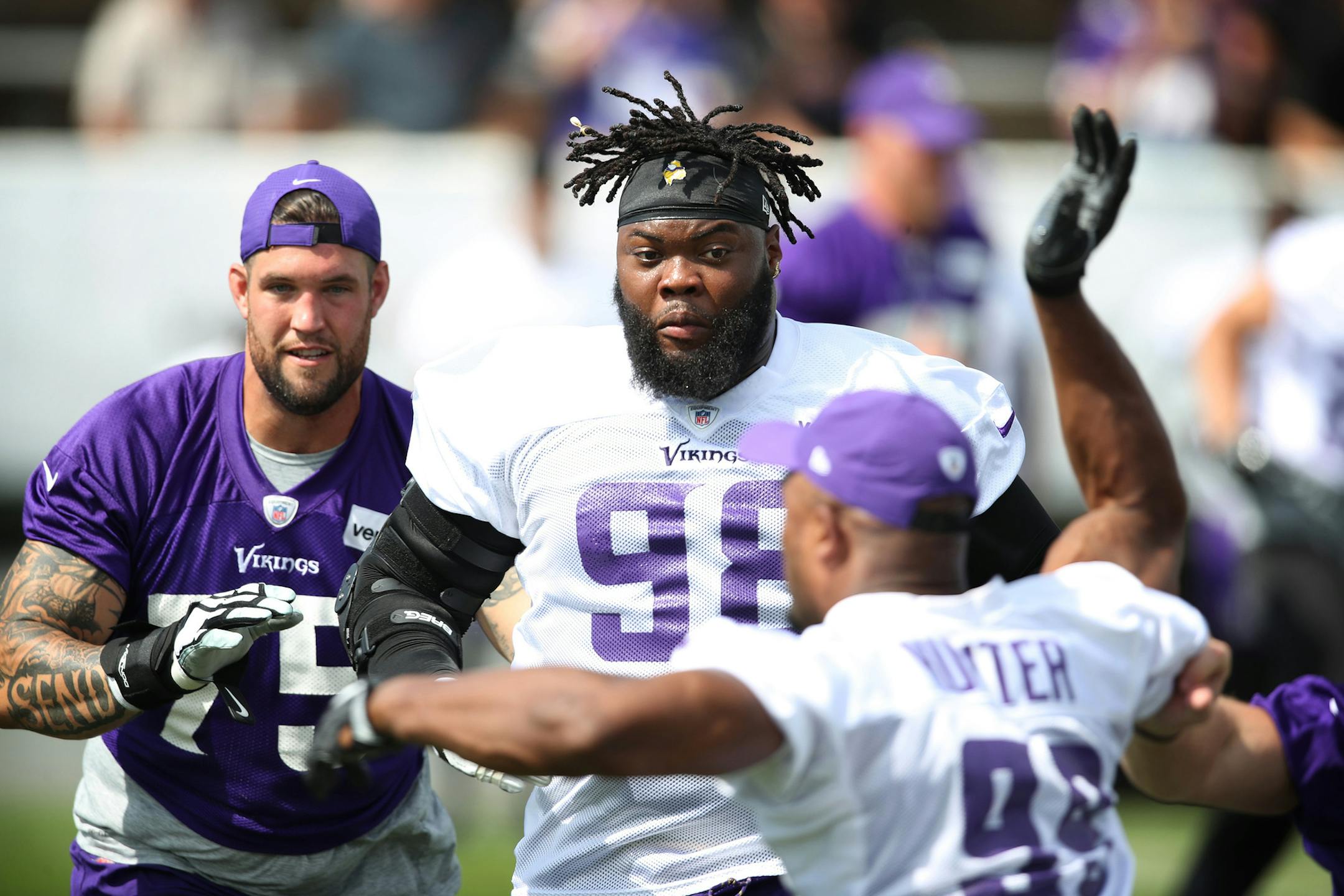 Minnesota Vikings defensive tackle Linval Joseph (98) worked on like drills with offensive guard Alex Boone (75), and defensive end Danielle Hunter (99) during practice at Minnesota State University Mankato Friday July 28, 2017 in Mankato, MN. (Jerry Holt/Minneapolis Star Tribune/TNS) ORG XMIT: 1207496