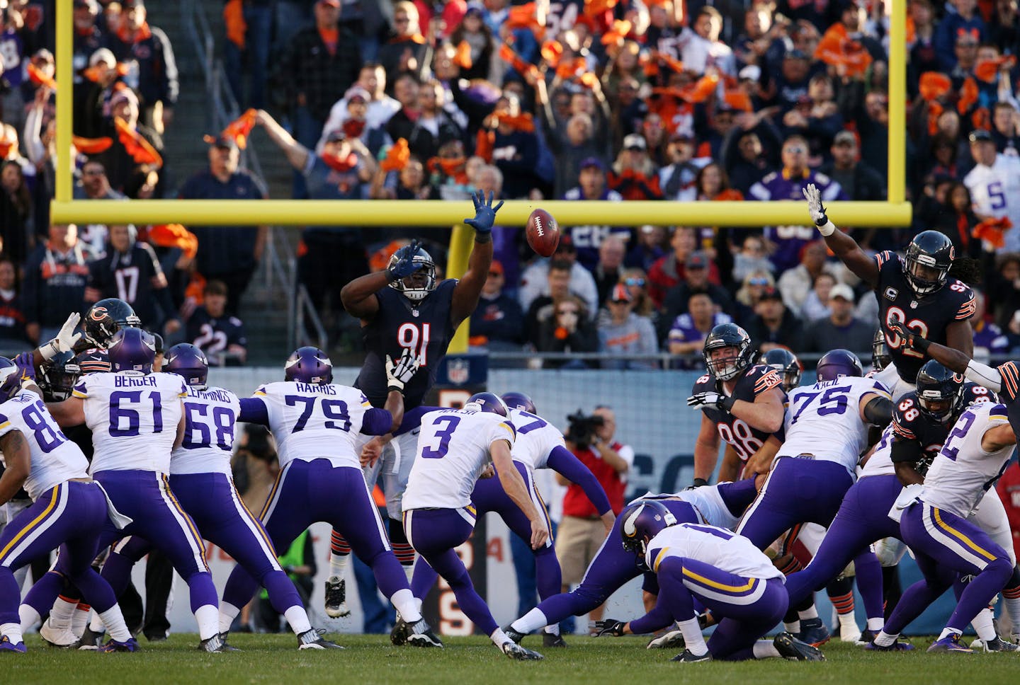 Minnesota Vikings kicker Blair Walsh (3) kicks a game-winning field goal during the final seconds of the second half on Sunday, Nov. 1, 2015, at Soldier Field in Chicago. (Anthony Souffle/Chicago Tribune/TNS) ORG XMIT: 1176004