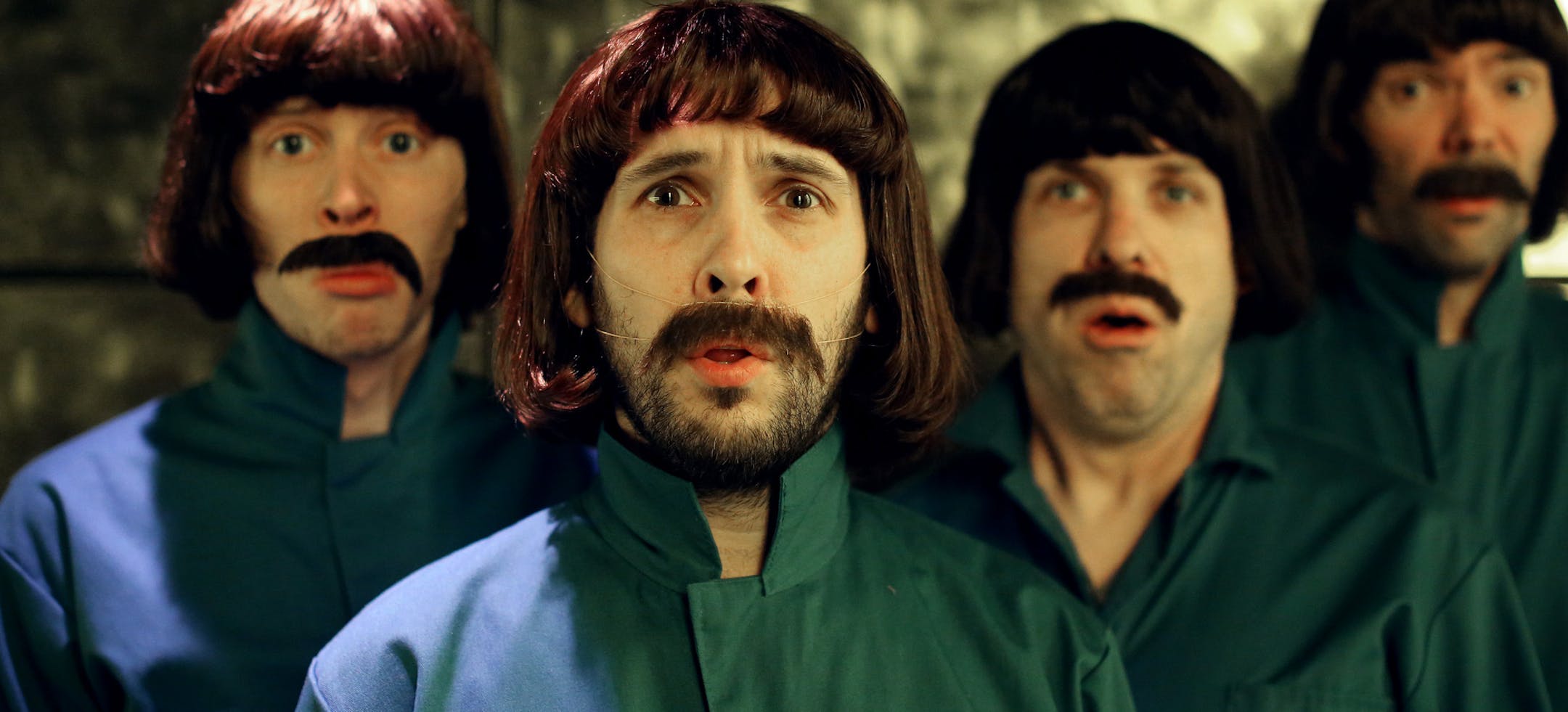 Actors left to right Justin Caron, Jeffrey Wells, Nick Golfis and Sam Johnson posed for a photo during a dress rehearsal at the Guthrie Theater for "Relics," a futuristic one-act set 300 years in the future November 9, 2014 in Minneapolis ,MN.] Jerry Holt Jerry.holt@startribune.com