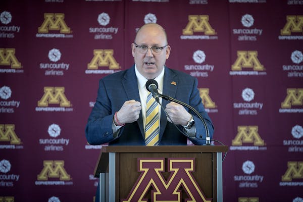 Bob Motzko, the new Gophers hockey coach addressed the media, family, former players and coaches, during a press conference at TCF Bank Stadium, Thurs