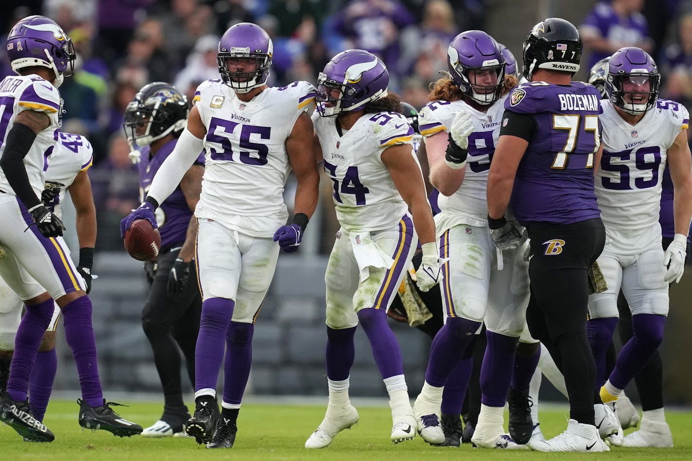 Minnesota Vikings outside linebacker Anthony Barr (55) celebrates after making an interception against the Baltimore Ravens in overtime Sunday, Nov. 7, 2021 at M&amp;T Bank Stadium in Baltimore, Md. (Anthony Souffle/Minneapolis Star Tribune/TNS) ORG XMIT: 31642966W