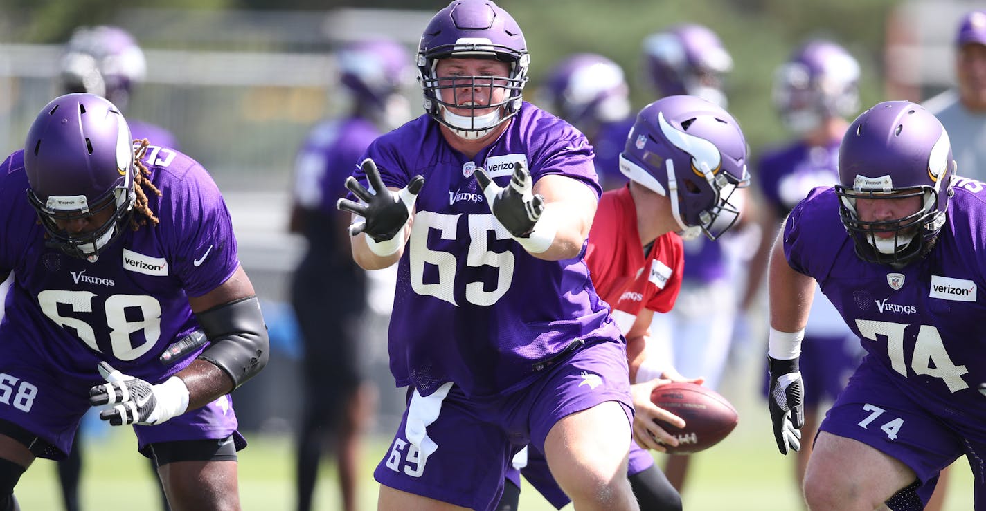 Minnesota Vikings center Pat Elflein (65) worked on blocking drills during training camp at Minnesota State University Mankato Friday July 28, 2017 in Mankato , MN.