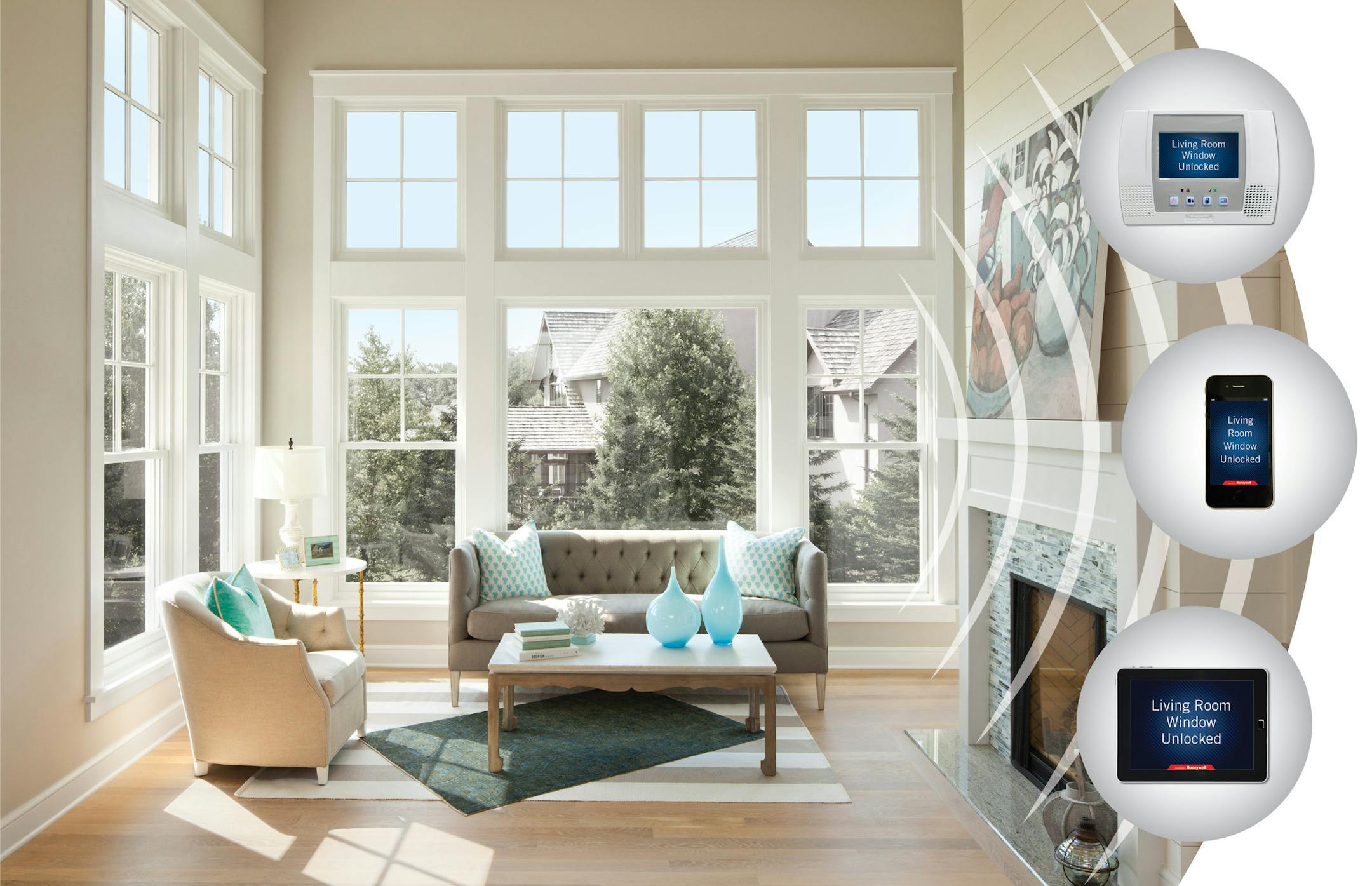 Andersen VeriLock Sensor system composite. Installed on E-Series Double-Hung Windows with Colonial Grille Pattern Upper sash only and E-Series Picture Windows with Colonial Grille Pattern in Upper Units only, White Interiors and equipped with VeriLock sensors. Residential New Construction Shingle Home Style