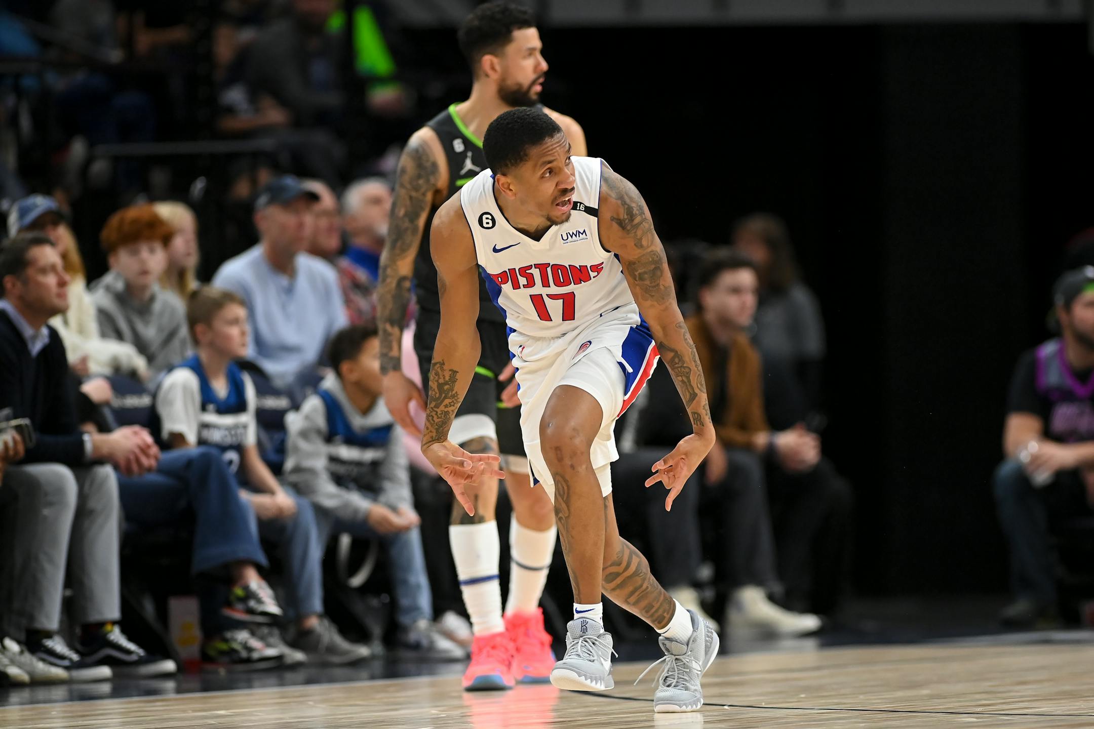 Detroit Pistons guard Rodney McGruder (17) reacts after hitting a 3-pointer during the second half.