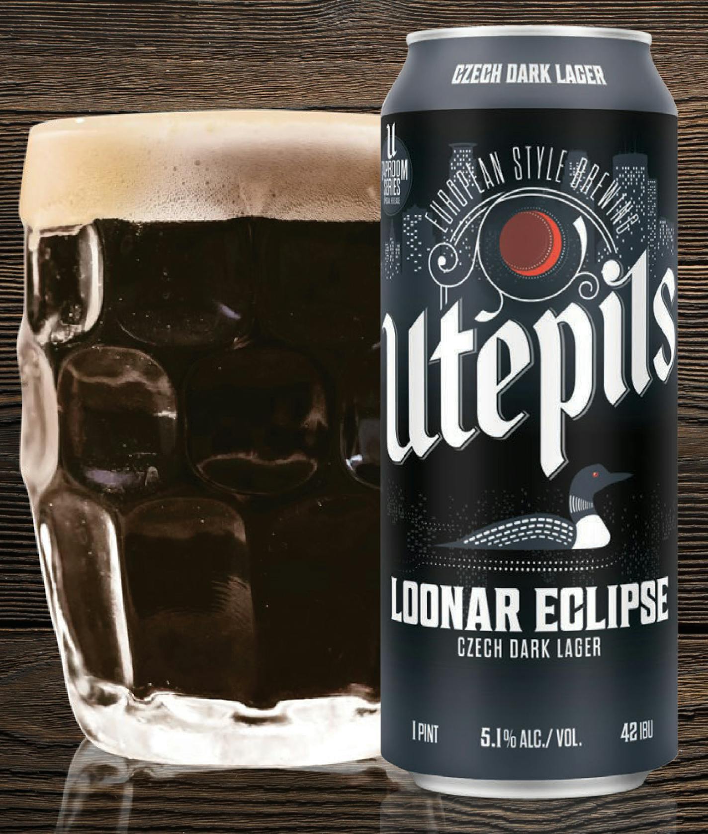 A mug and can of Loonar Eclipse from Utepils Brewing in Minneapolis is nearly black in color.