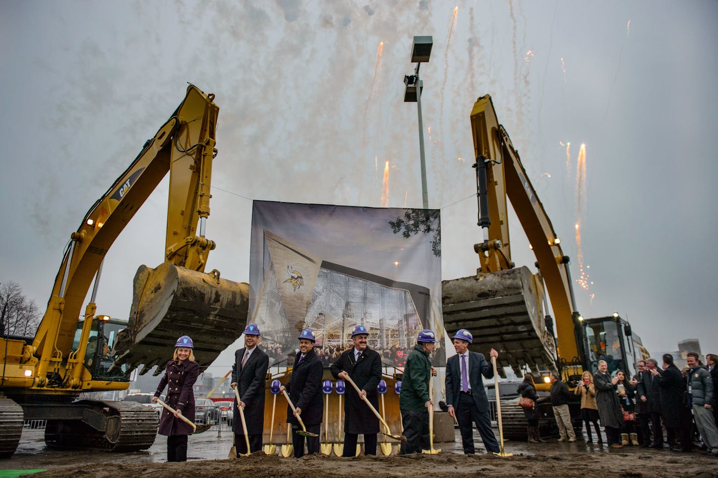 Fireworks flew through the air at the Vikings Stadium groundbreaking ceremony in downtown Minneapolis on Tuesday, December 3, 2013.