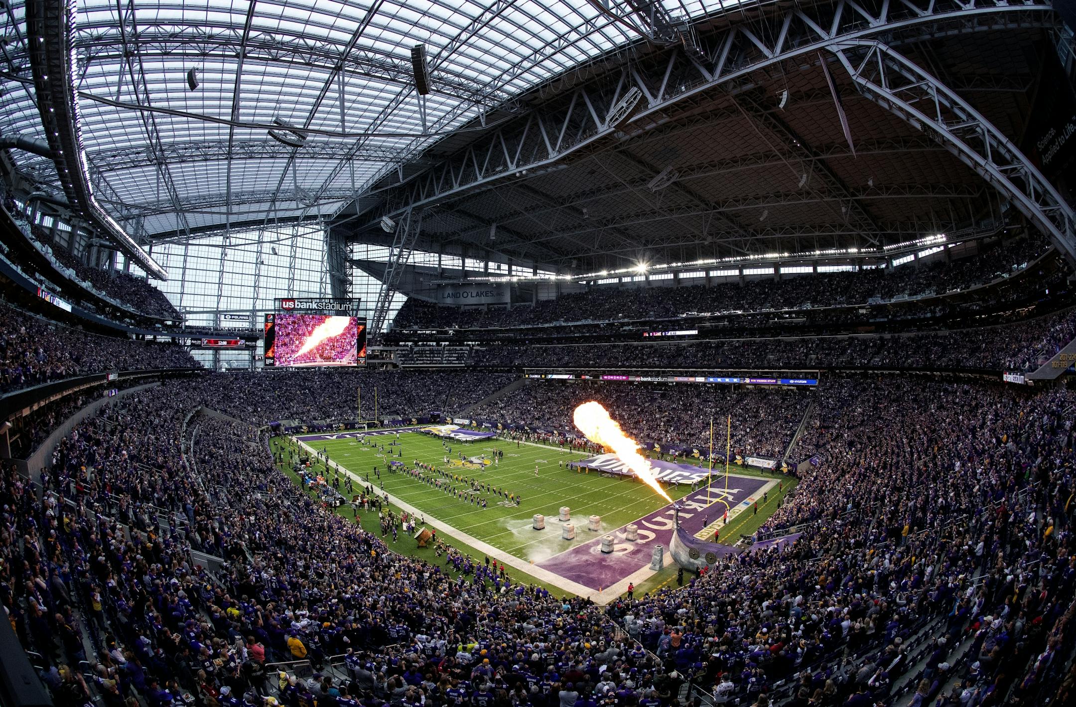 Fire shot from the dragon before pregame introductions at US Bank Stadium.