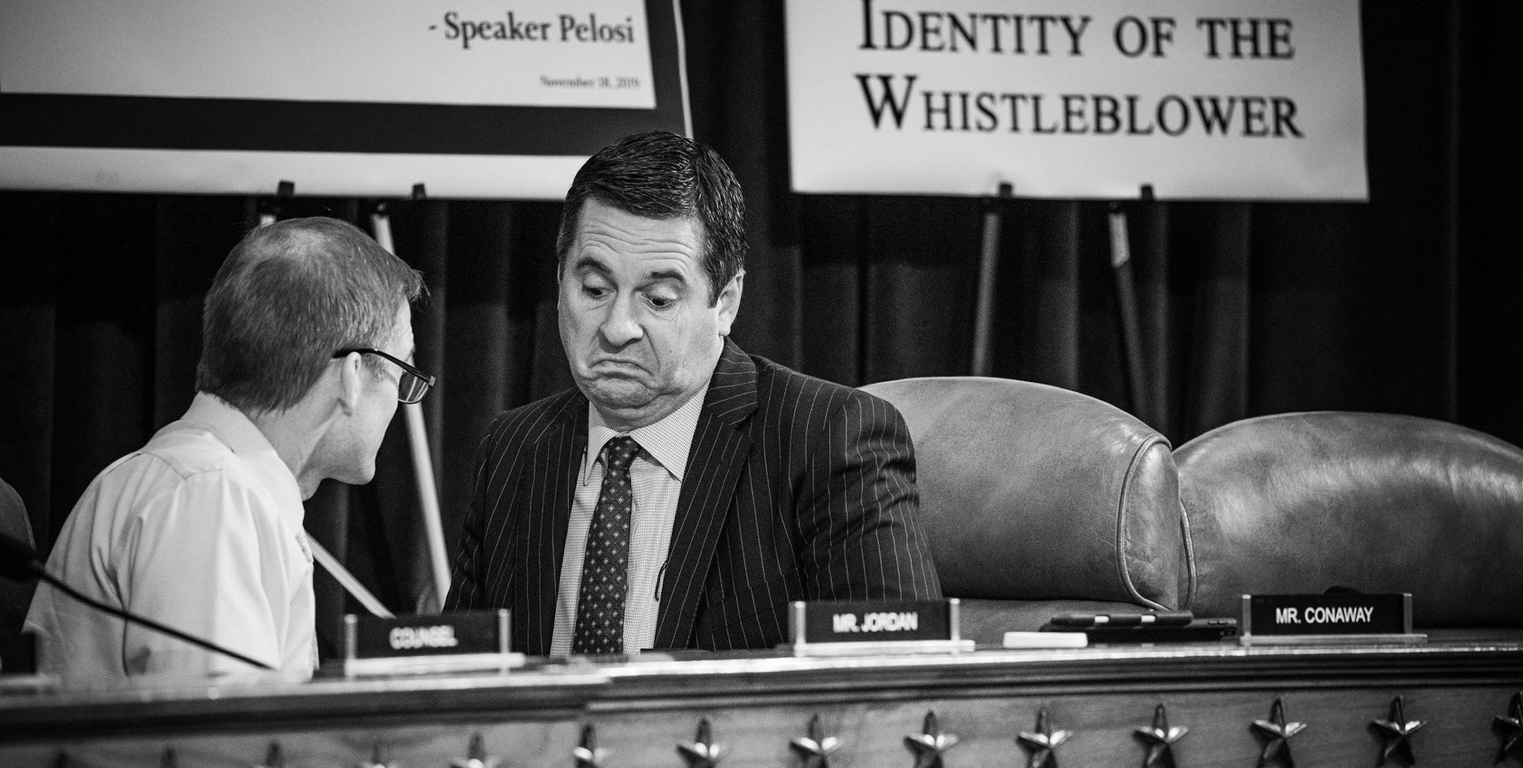 Rep. Jim Jordan (R-Ohio), left, and ranking member Rep. Devin Nunes (R-Calif.) chat before the resumption of testimony by Gordon Sondland, ambassador to the European Union, during an impeachment inquiry hearing in Washington on Wednesday, Nov. 20, 2019. The House Intelligence Committee, led by its chairman, Rep. Adam Schiff (D-Calif.) is examining the case for impeaching President Donald Trump. (Damon Winter/The New York Times)