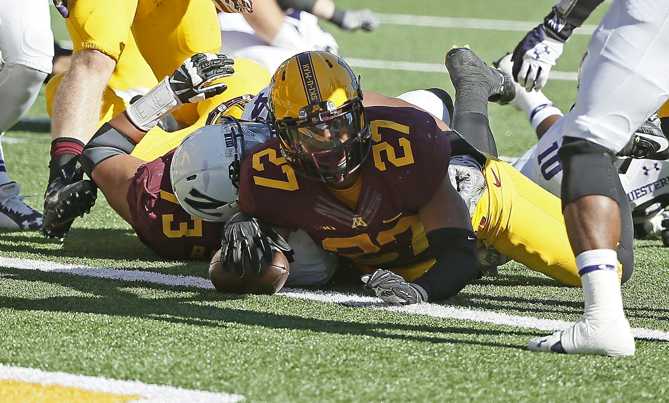 Gophers running back David Cobb (27) rushed into the end zone but was called short in the second quarter as the Minnesota Gophers took on the Northwestern Wildcats at TCF Stadium, Saturday, October 11, 2014 in Minneapolis, MN.