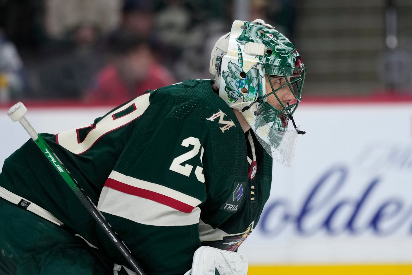 Minnesota Wild goaltender Marc-Andre Fleury (29) stands in the goal during the third period of an NHL hockey game against the Calgary Flames, Tuesday, Jan. 2, 2024, in St. Paul, Minn. (AP Photo/Abbie Parr)