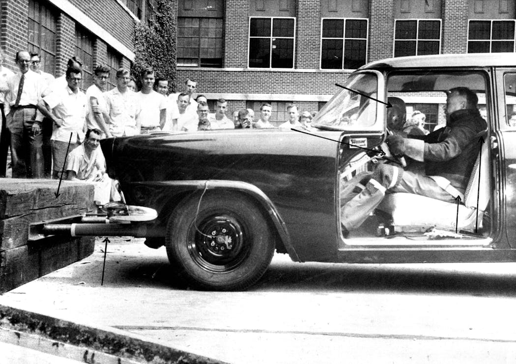 University of Minnesota Professor James Ryan crashed a test car for research purposes in 1957.