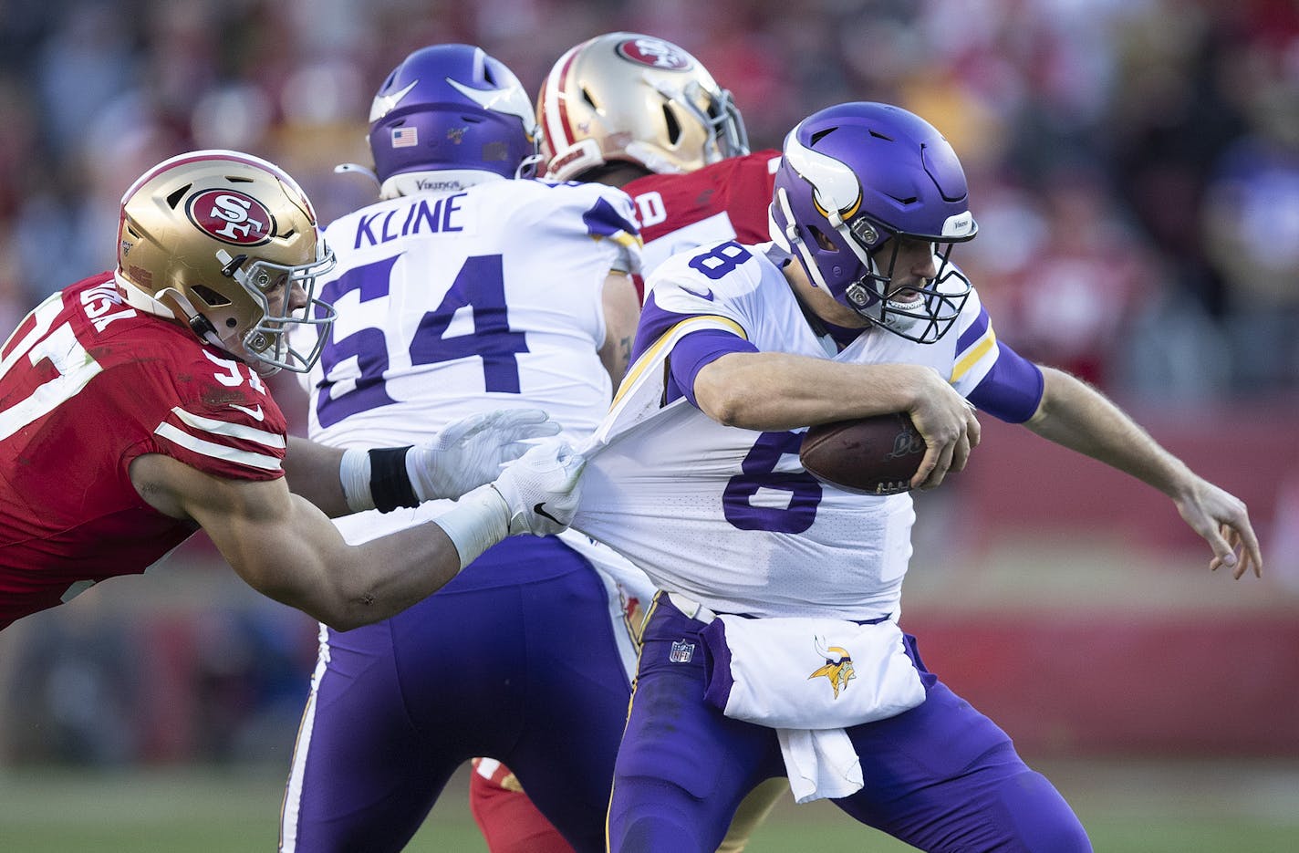 San Francisco 49ers defensive end Nick Bosa (97) sacked Minnesota Vikings quarterback Kirk Cousins (8) in the fourth quarter .] Jerry Holt &#x2022; Jerry.Holt@startribune.com The Minnesota Vikings played the San Francisco 49ers in the NFC divisional playoff NFL football game Saturday, January 11, 2020 at Levi's Stadium in Santa Clara,CA.