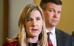 House Speaker Melissa Hortman and Majority Leader Ryan Winkler came out of the Governor's office to respond to the Republicans new budget offer. ] GLE