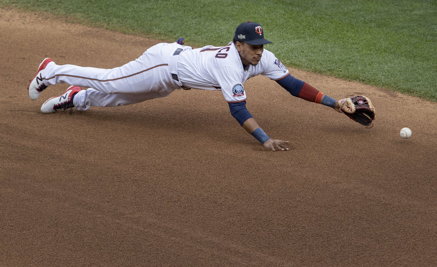 Minnesota Twins shortstop Jorge Polanco could not reach a ball hit by Houston Astros' Kyle Tucker in the fourth inning of Game 1 of the MLB Wild Card Series on Tuesday, September 29, 2020 at Target Field in Minneapolis, Minnesota. (Carlos Gonzalez/Minneapolis Star Tribune/TNS) ORG XMIT: 1782644