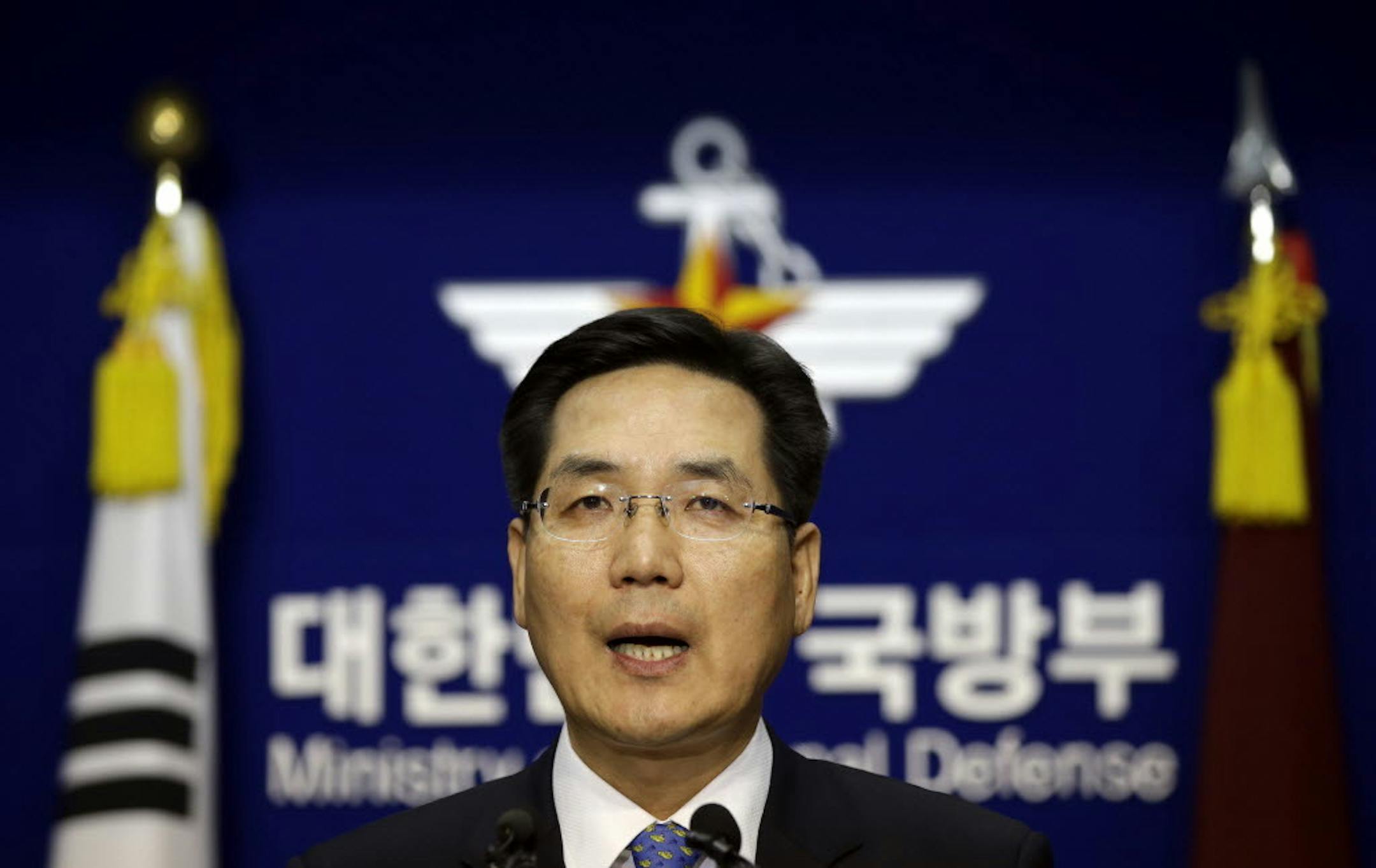 South Korean Defense Ministry spokesman Kim Min-seok speaks during a press conference on the country's new defense zone at Defense Ministry in Seoul, South Korea, Sunday, Dec. 8, 2013.