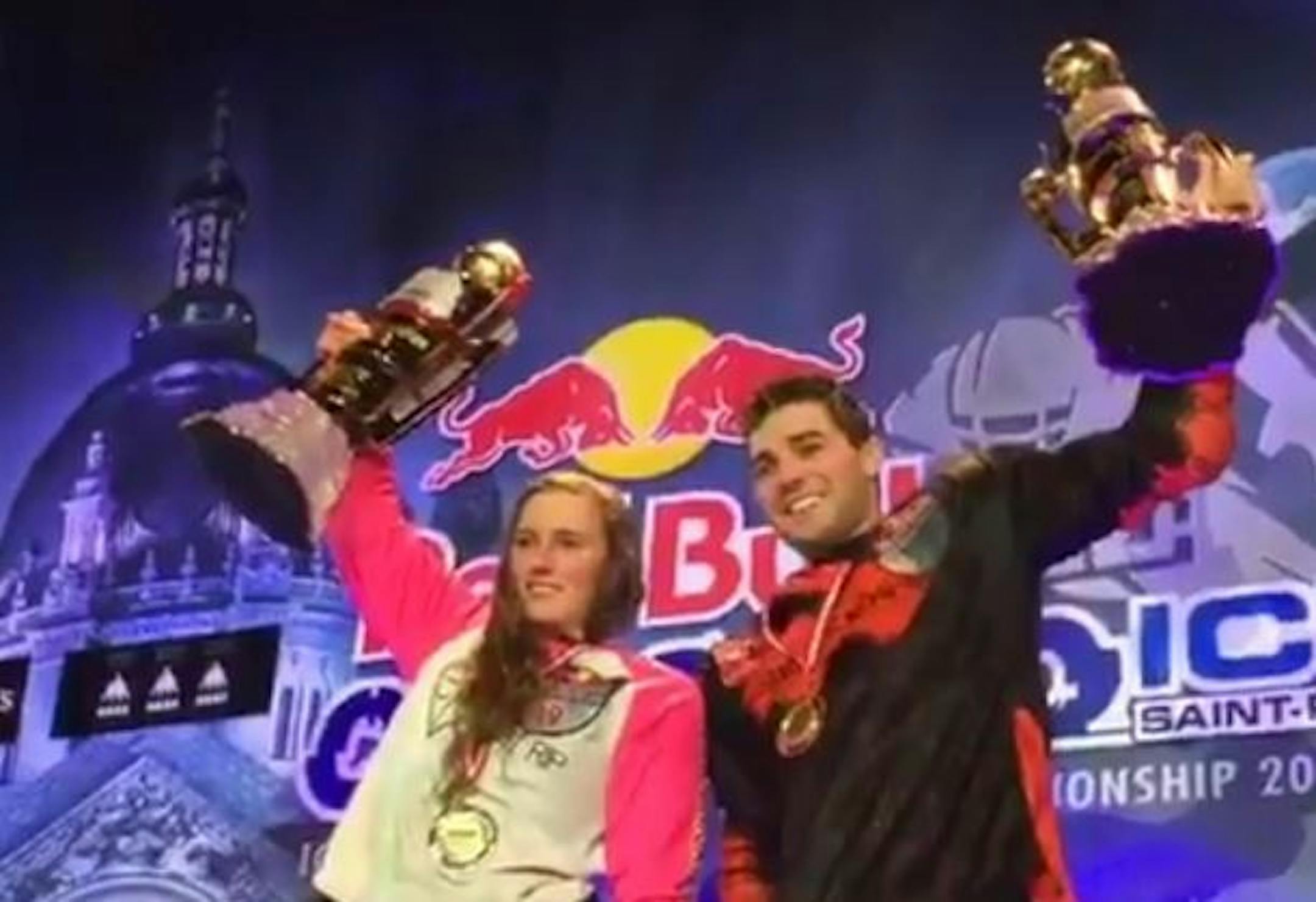 Saturday's Crashed Ice St. Paul champions were Canadian Jacqueline Legere and Lakeville native Cameron Naasz.