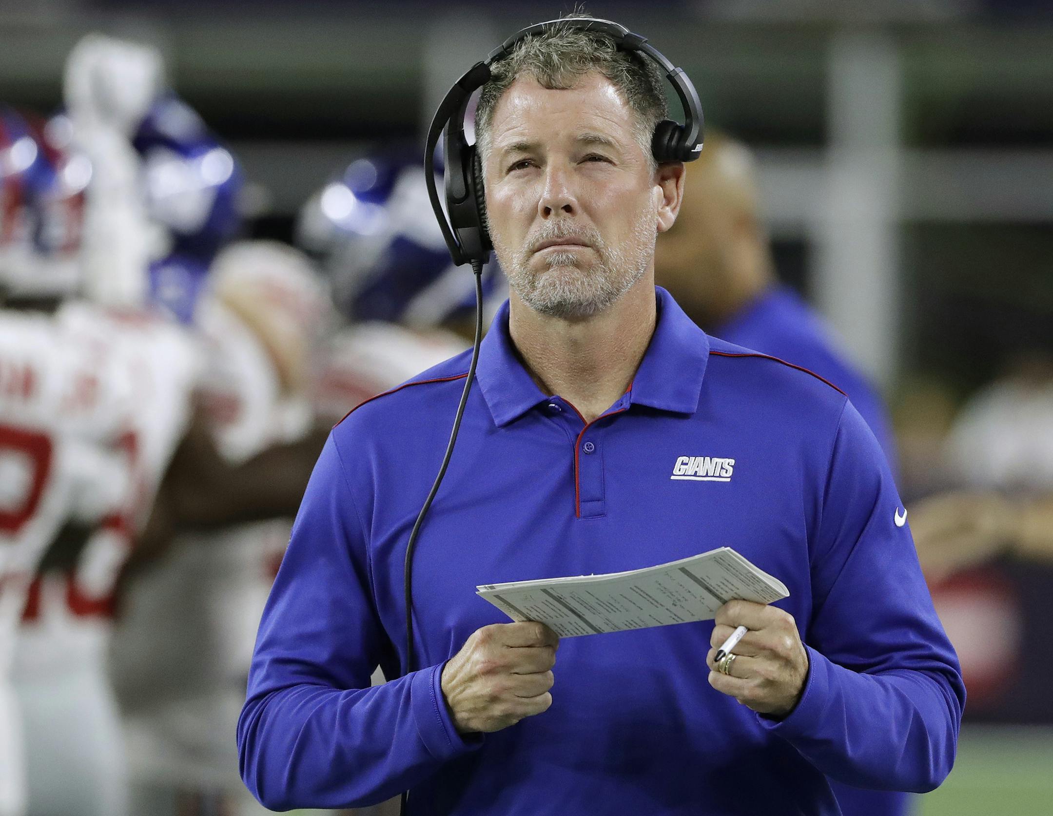 New York Giants head coach Pat Shurmur watches from the sideline in the first half of an NFL preseason football game against the New England Patriots, Thursday, Aug. 29, 2019, in Foxborough, Mass. (AP Photo/Steven Senne)