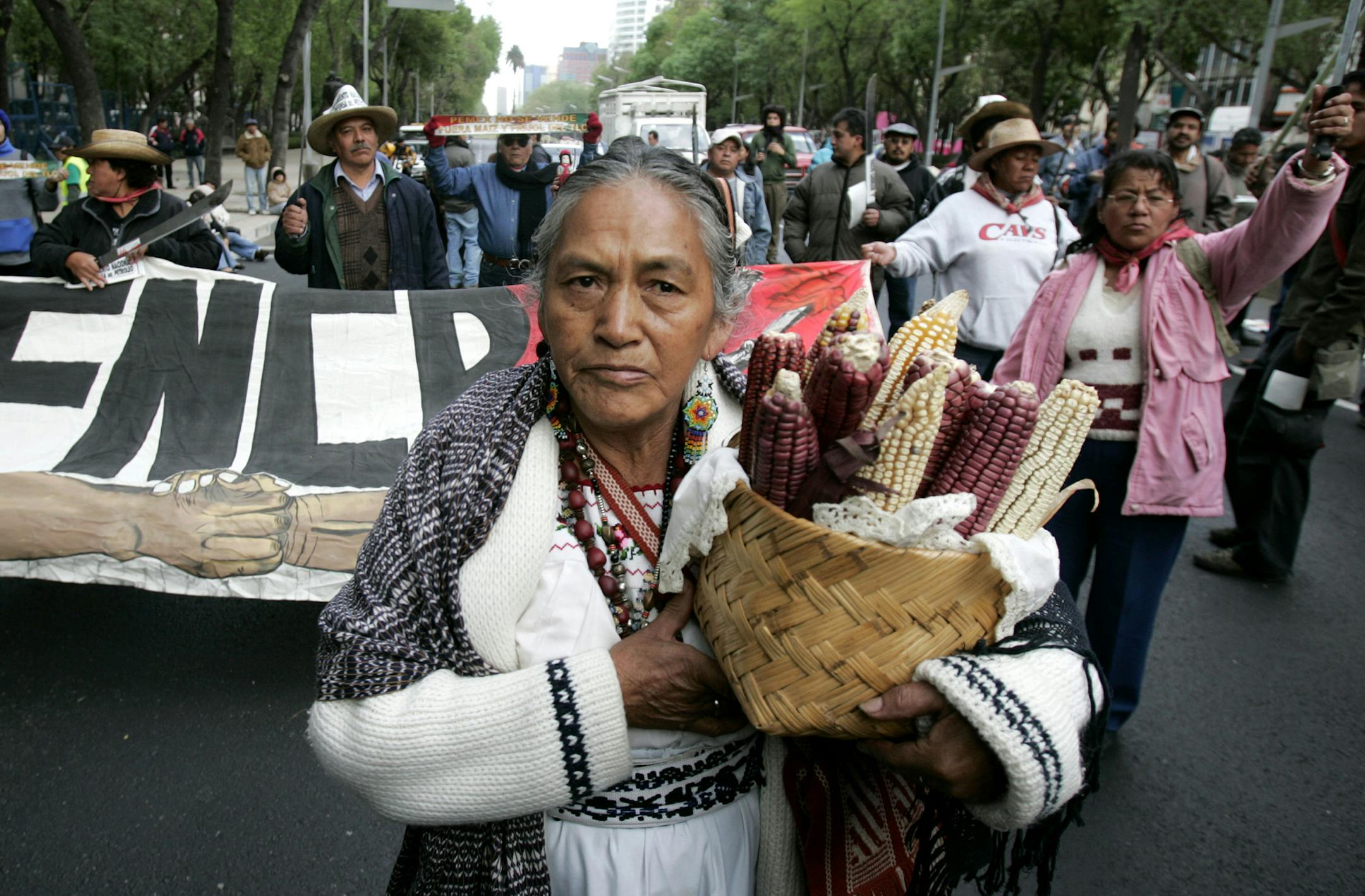 Mexican farmers protest the end of import protections for their country's corn and bean crops in Mexico City, Wednesday, Jan. 2, 2008. Corn, beans, sugar and milk were granted special 15-year import protections when the North American Free Trade Agreement, or NAFTA, was negotiated in 1993. (AP Photo/Eduardo Verdugo) ORG XMIT: MXEV103