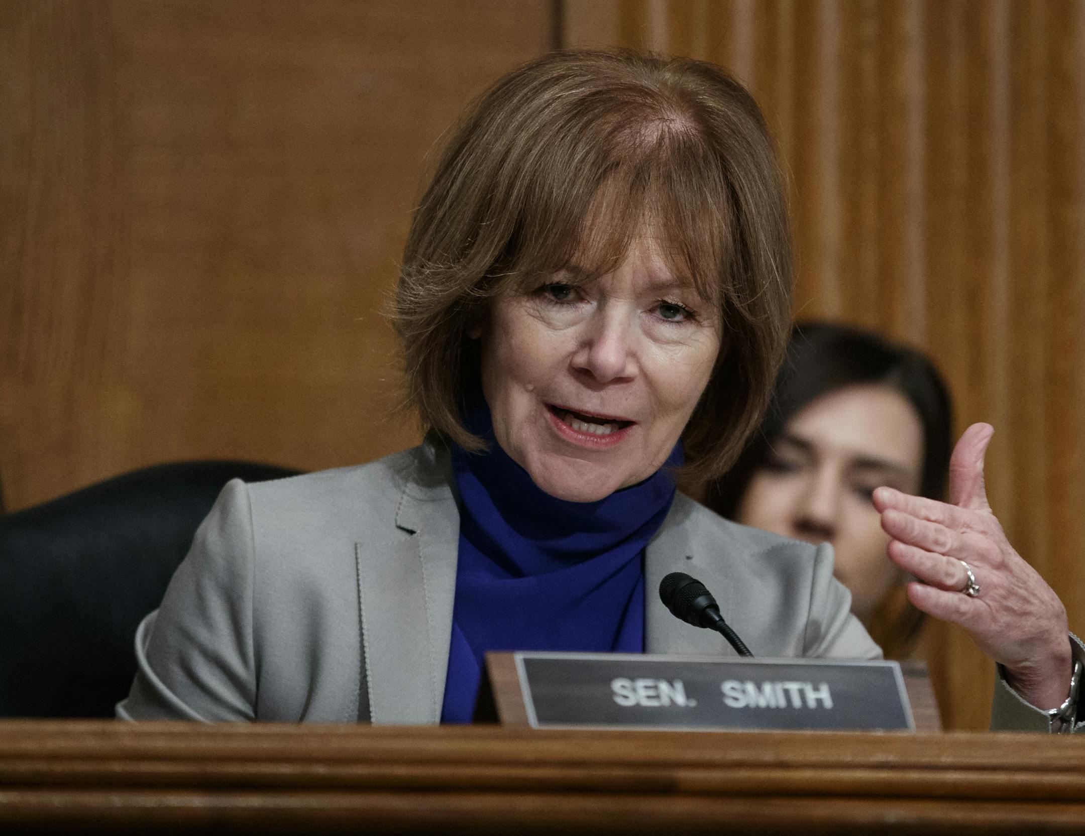Sen. Tina Smith, D-Minn., during a Senate Committee on Health, Education, Labor, and Pensions hearing on Capitol Hill in Washington, Tuesday, March 5, 2019, to examine vaccines, focusing on preventable disease outbreaks. (AP Photo/Carolyn Kaster) ORG XMIT: DCCK125