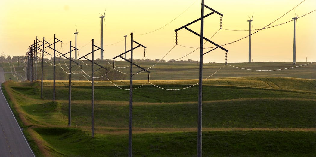Electrical transmission lines along a road in southwestern Minnesota in 2001.